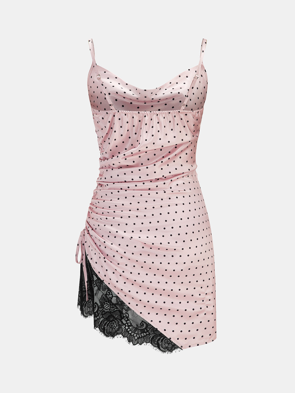 Polka Dot Ruched Lace Cami Mini Dress with Adjustable Straps