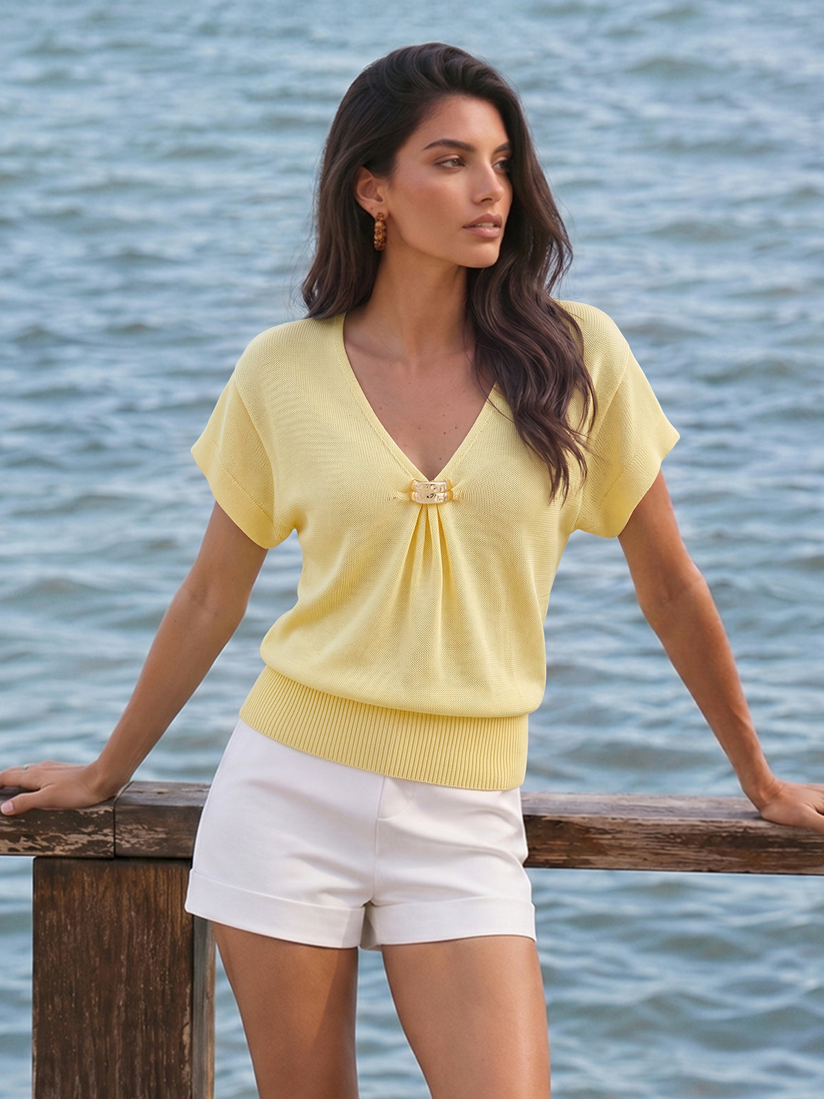 Short Sleeve V Neck Metal Detail Casual Women's Knit Top