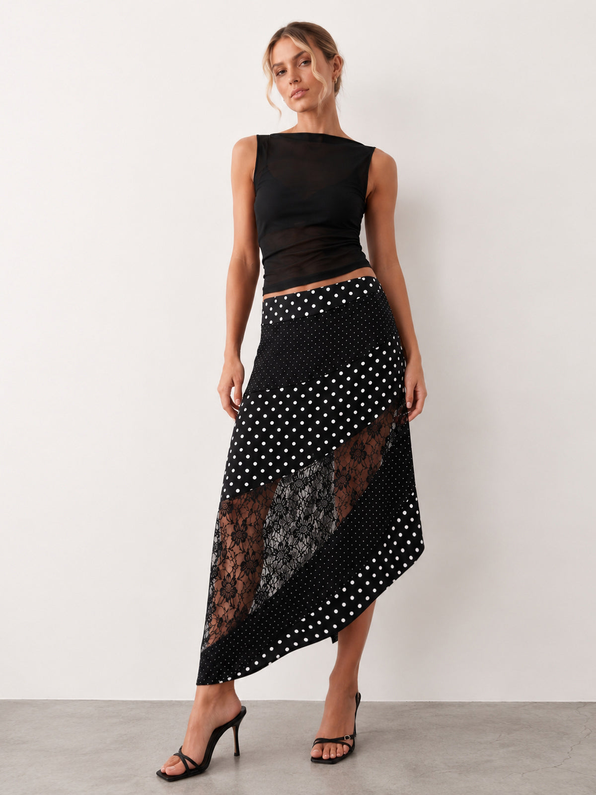 Polka Dot Lace Patchwork Asymmetric Midi Skirt - Elegant Women’s Casual Wear