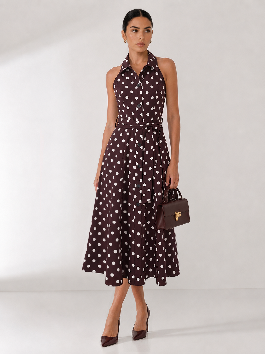 Polka Dot Halter Belted Cotton Linen Midi Dress Women's Summer Fashion