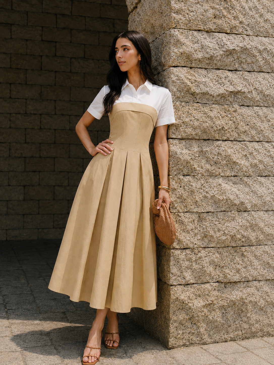 Fake Two Piece Shirt Collar Pleated Maxi Dress with Elegant Long Sleeves