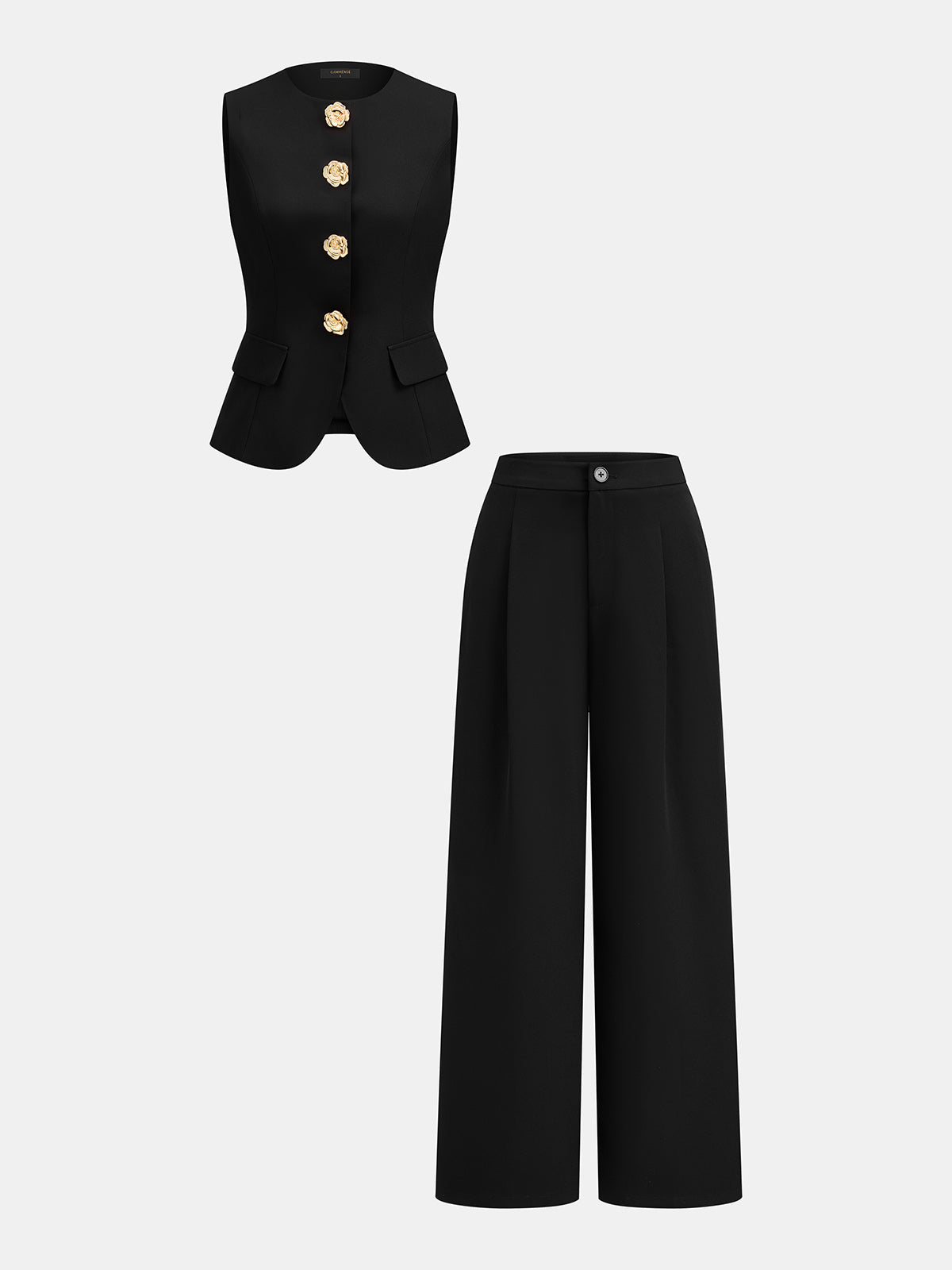 Flower Button Sleeveless Vest & Pants Set, Casual Summer Outfit for Women
