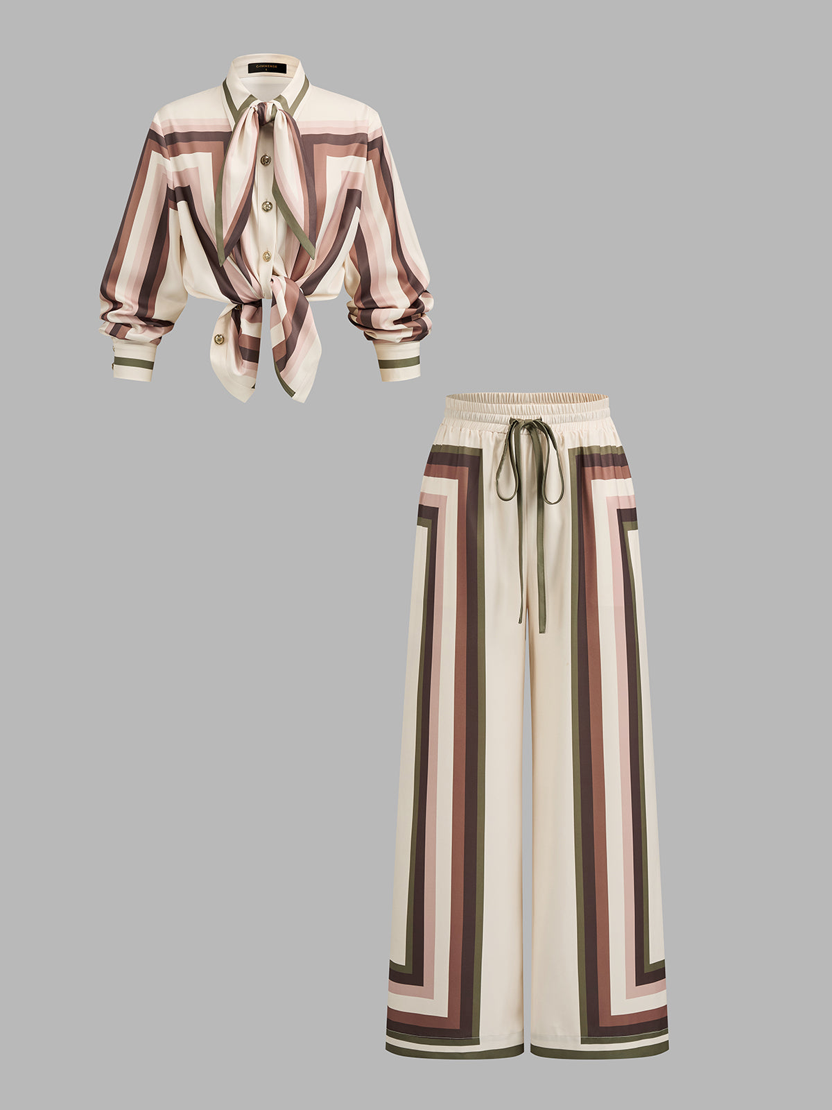Updated SEO-optimized title: "Women's Geometric Print Tie Neck Shirt & Casual Pants Co-ord Set"
