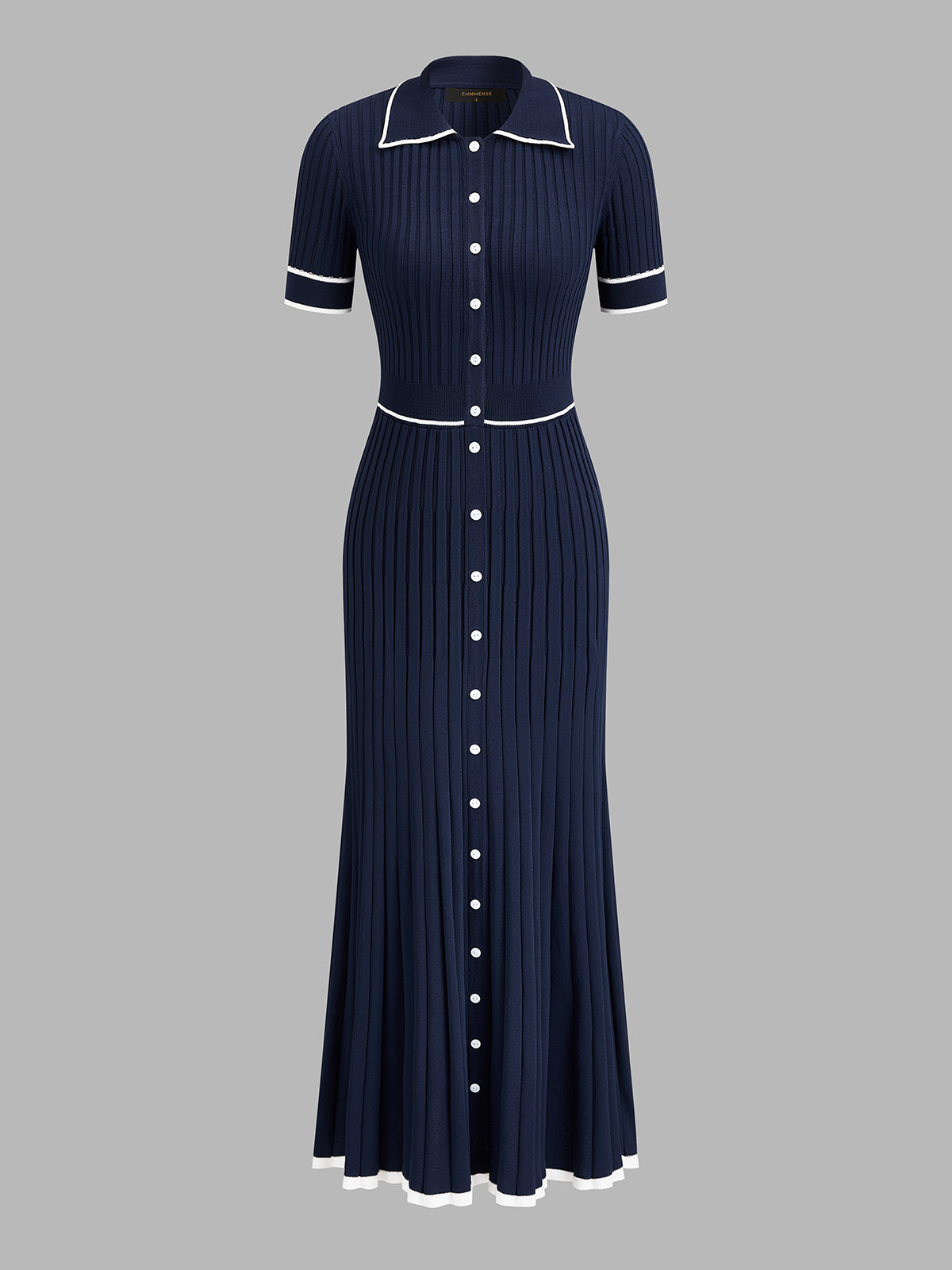 Contrast Piping Collared Rib Knit Midi Dress with Belted Waist