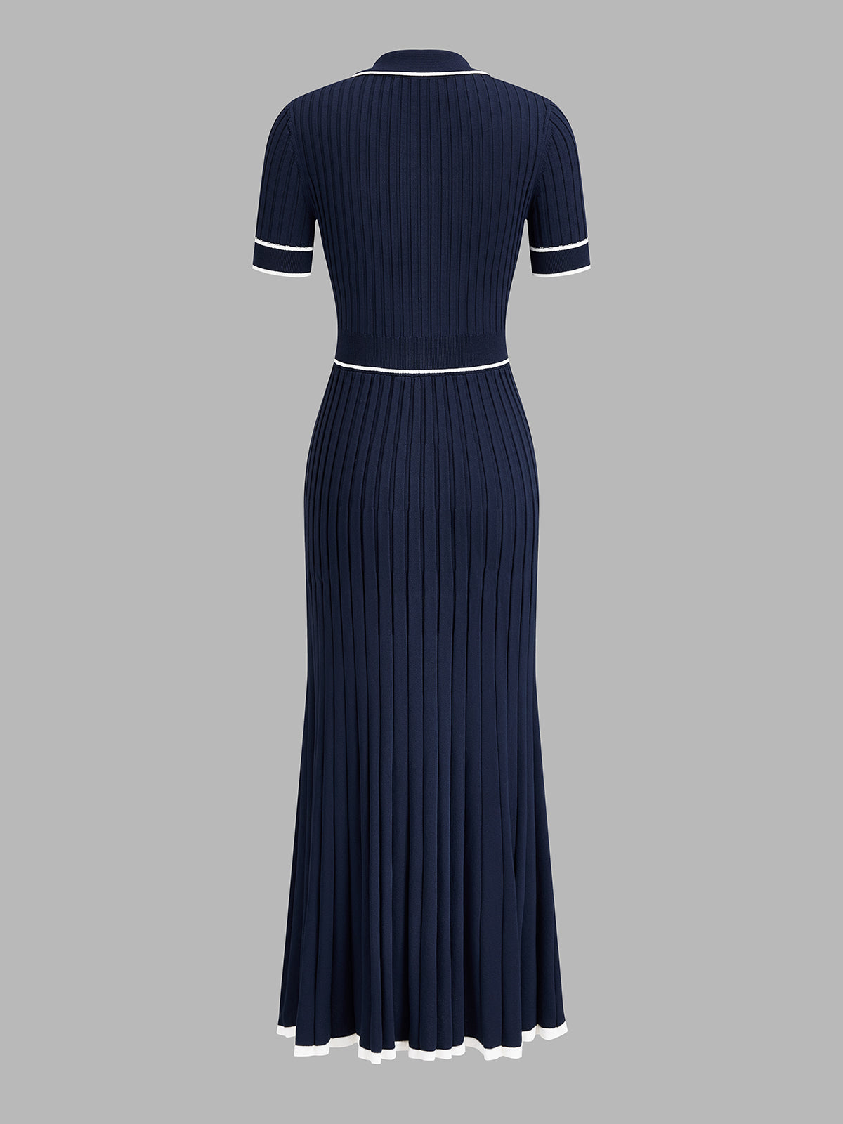 Contrast Piping Collared Rib Knit Midi Dress with Belted Waist