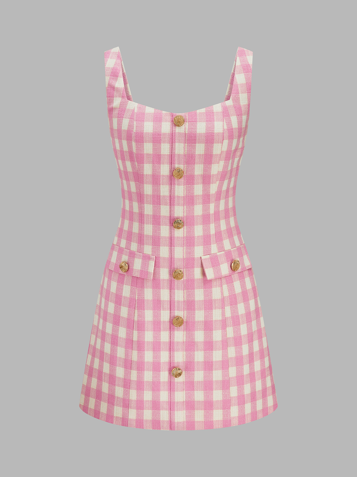 Button Front Gingham Tweed Mini Dress for Women Casual Wear