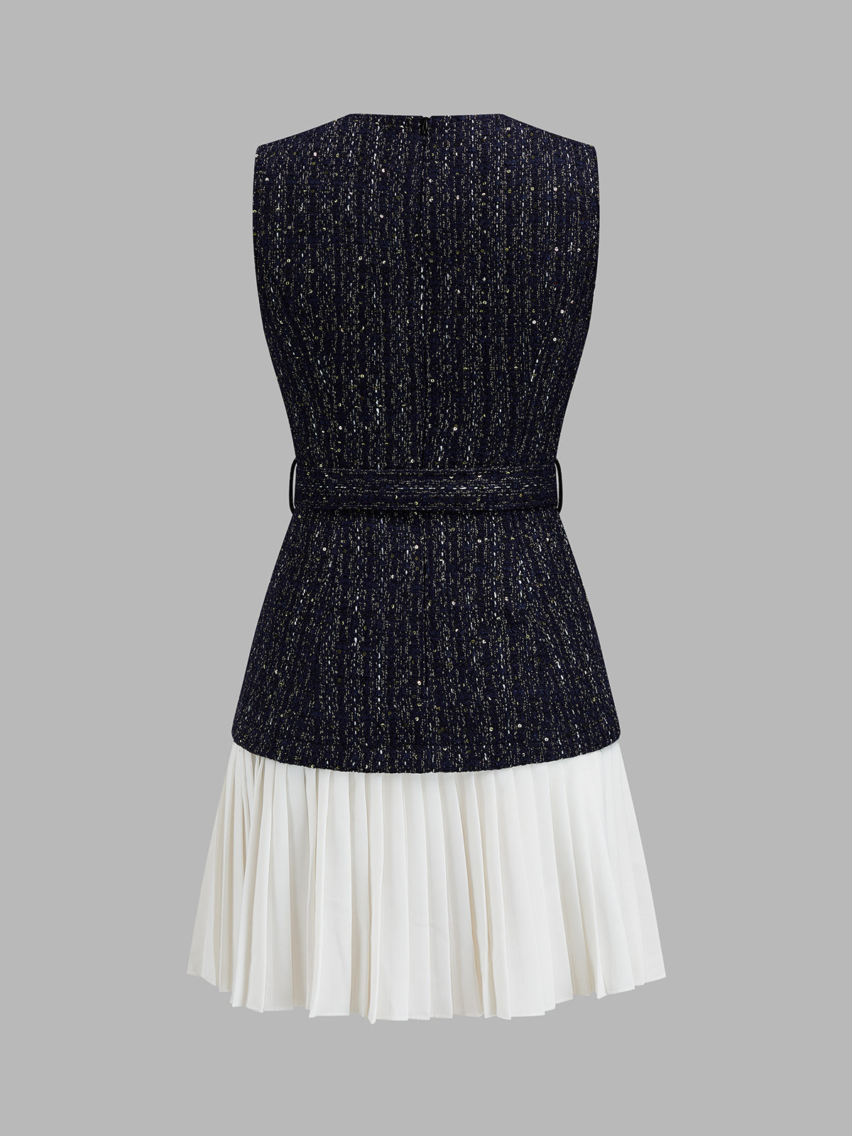 Tweed Belted Pleated Mini Dress with Button Detail