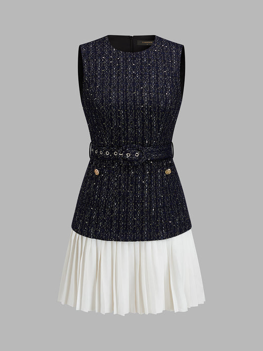 Tweed Belted Pleated Mini Dress with Button Detail