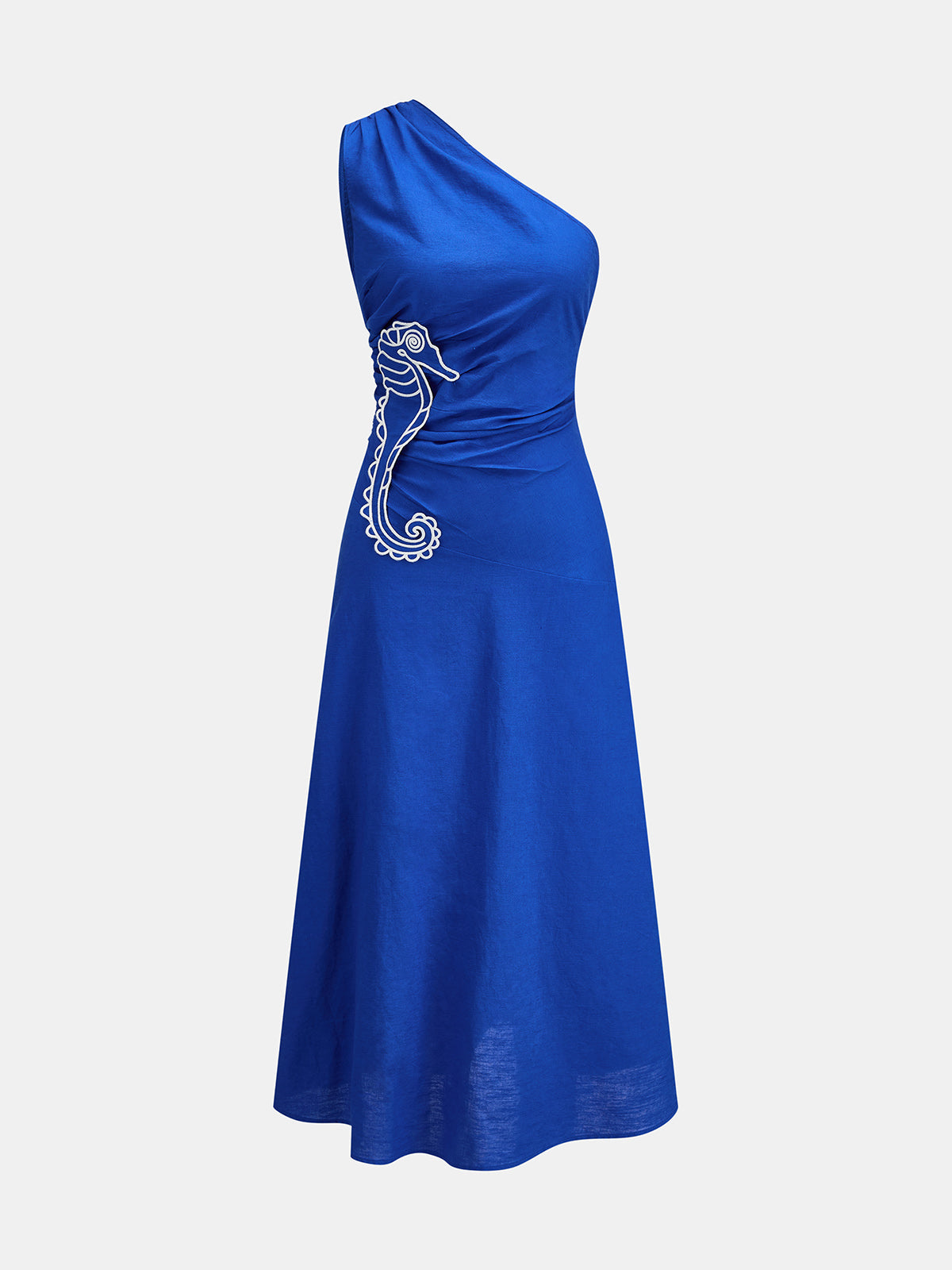 One-Shoulder Seahorse Appliqué Midi Dress with Ruffle Detail