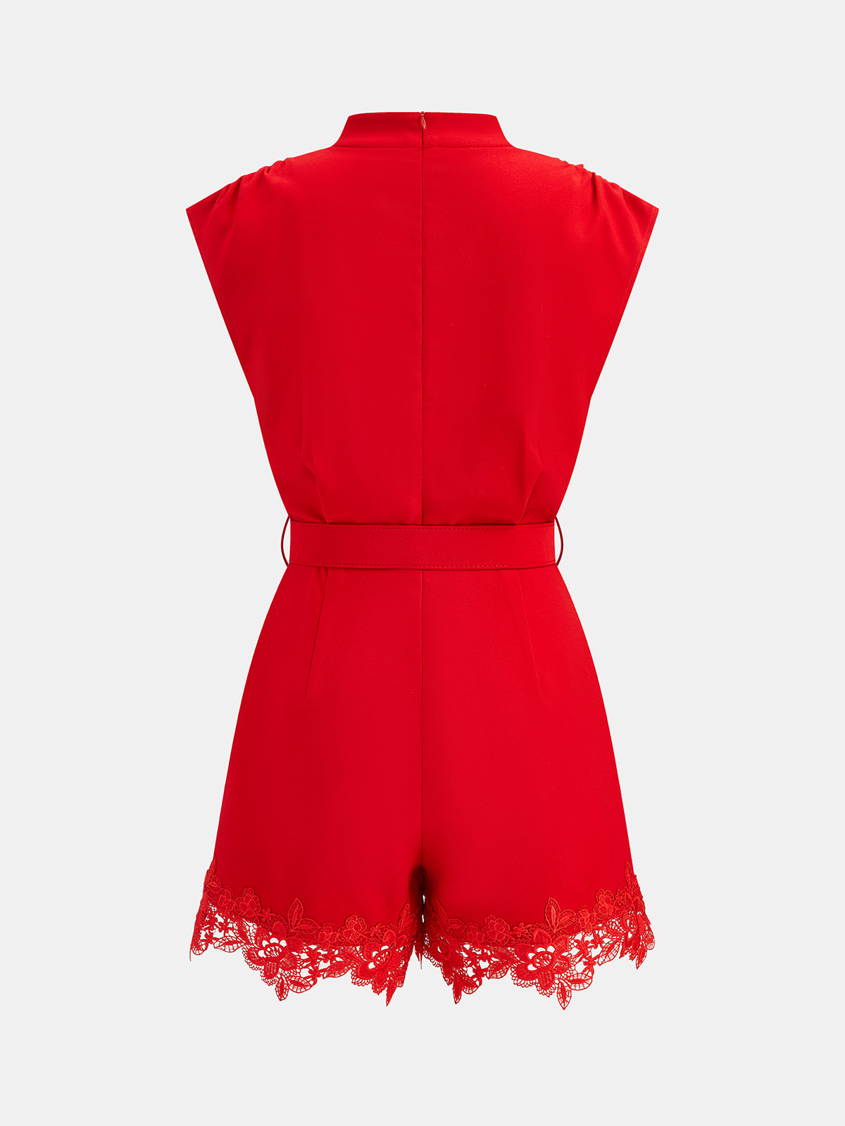 Belted Sleeveless Lace Hem Romper with Keyhole Back Detail