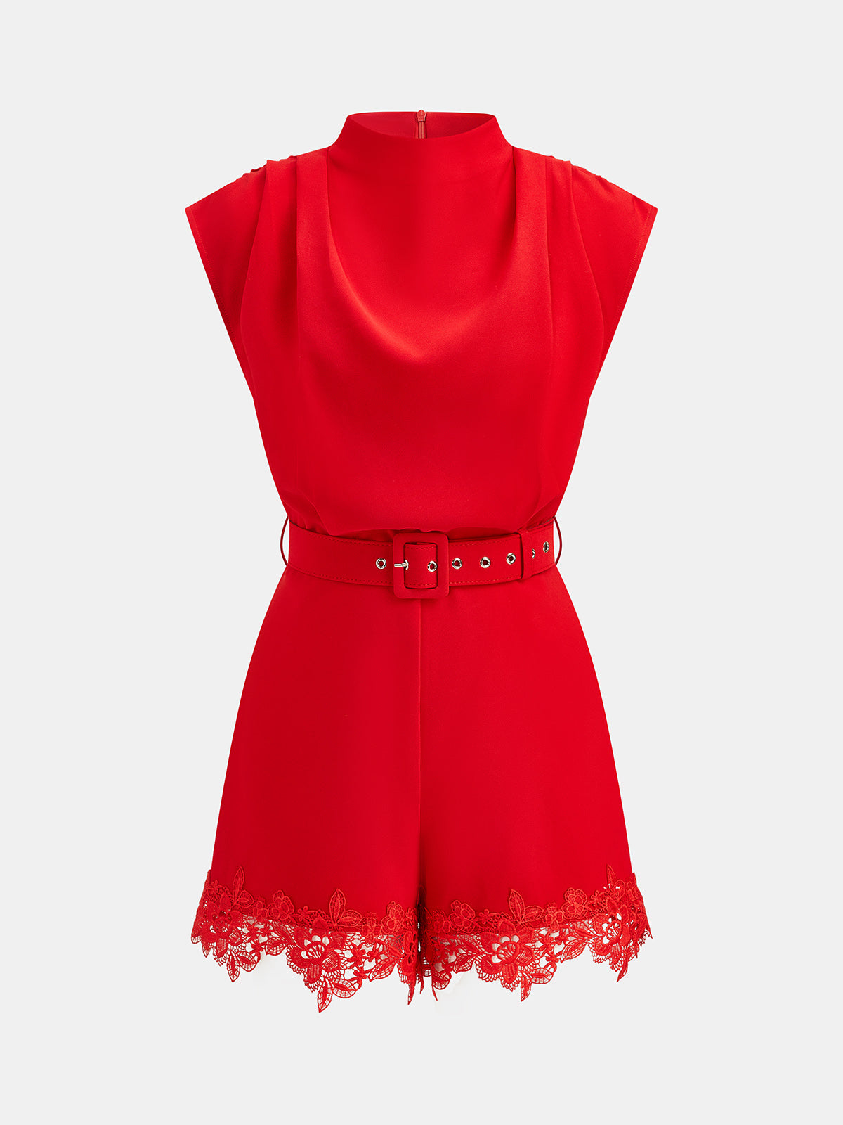 Belted Sleeveless Lace Hem Romper with Keyhole Back Detail