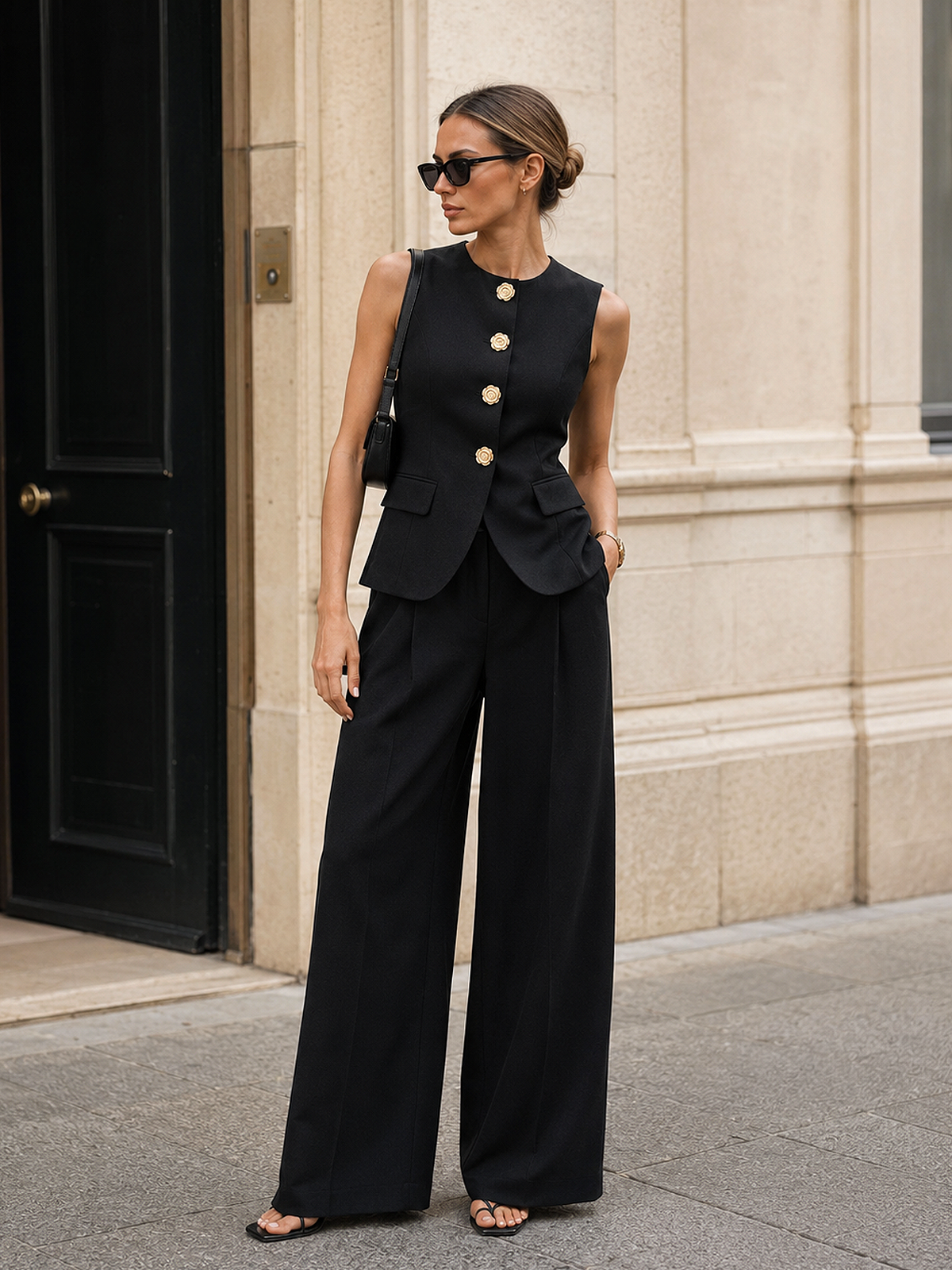 Flower Button Sleeveless Vest & Pants Set, Casual Summer Outfit for Women