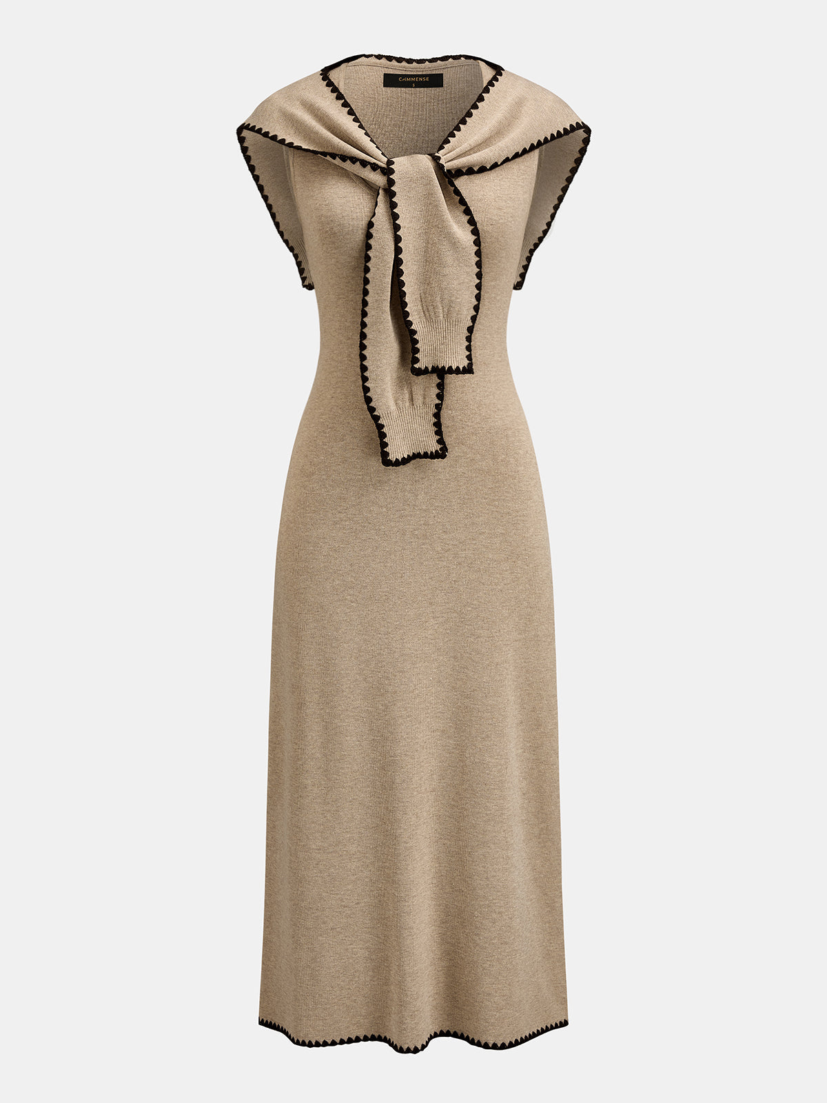Tie Cape Contrast Trim Elegant Knit Midi Dress for Women