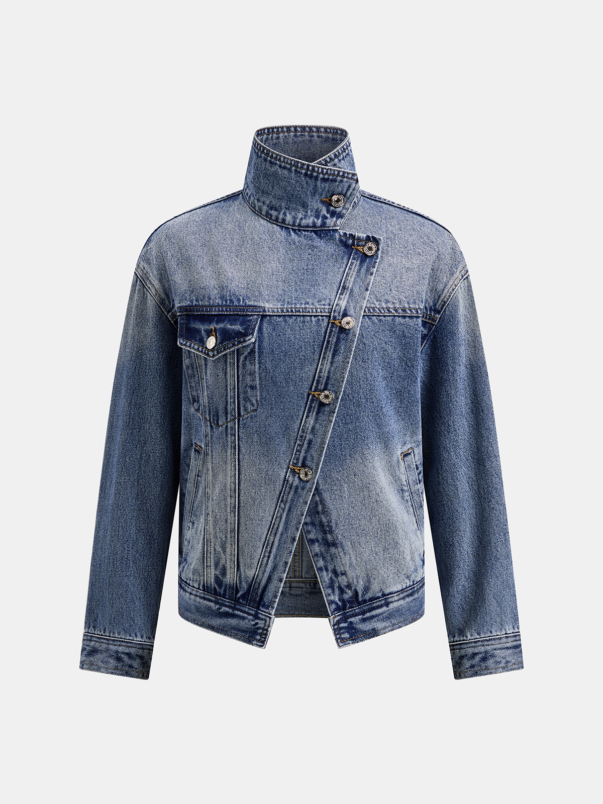 High Stand Collar Slanted Placket Denim Jacket for Men Casual Style