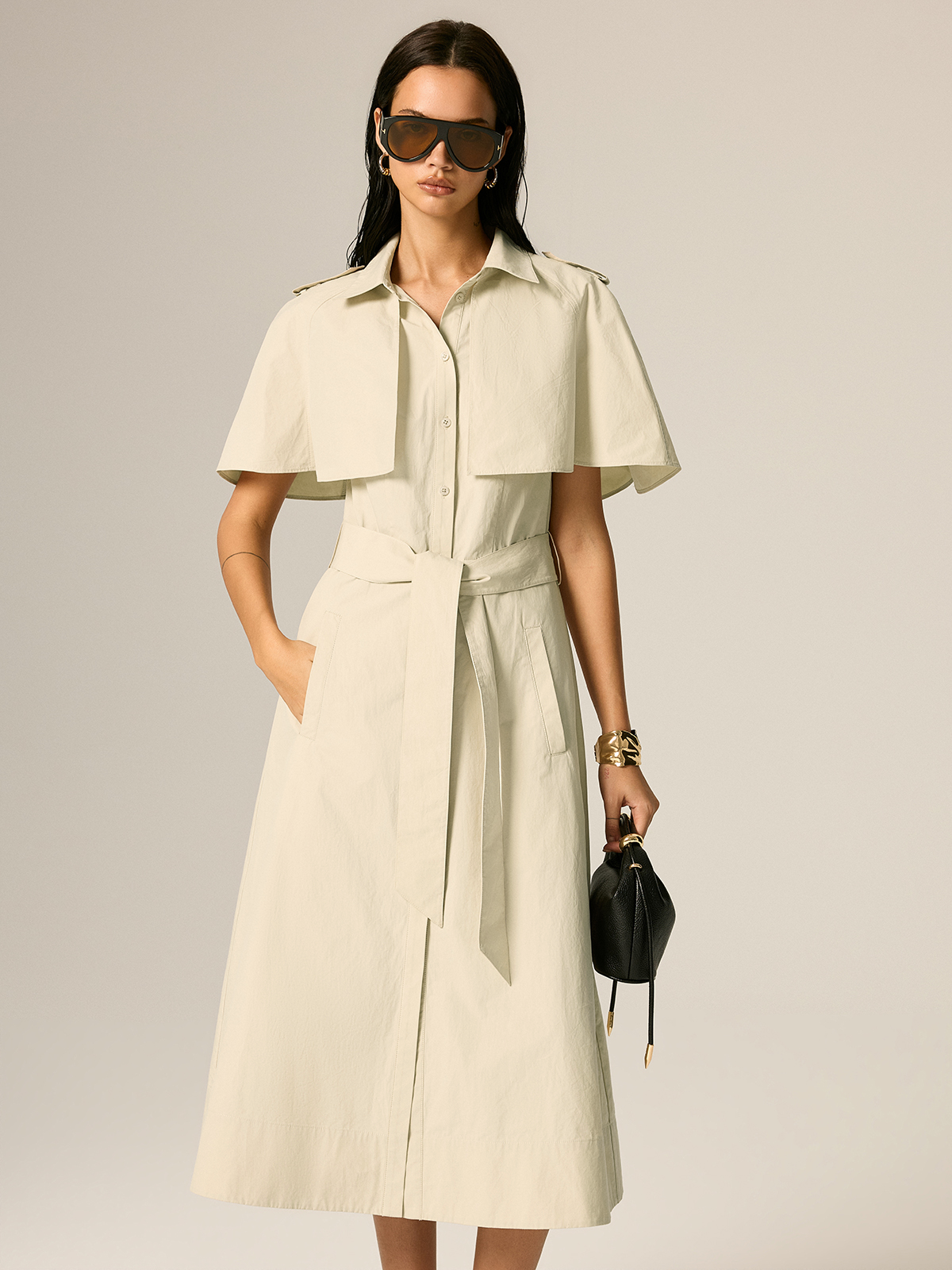 Cape Sleeve Belted Cotton Maxi Dress - Elegant Flowy Summer Apparel