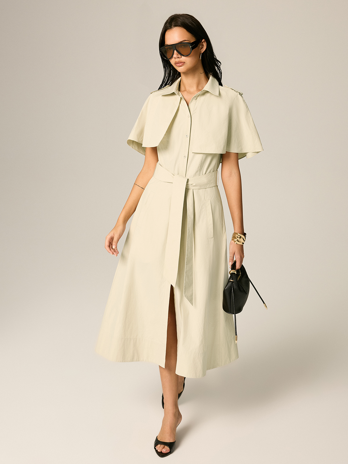Cape Sleeve Belted Cotton Maxi Dress - Elegant Flowy Summer Apparel