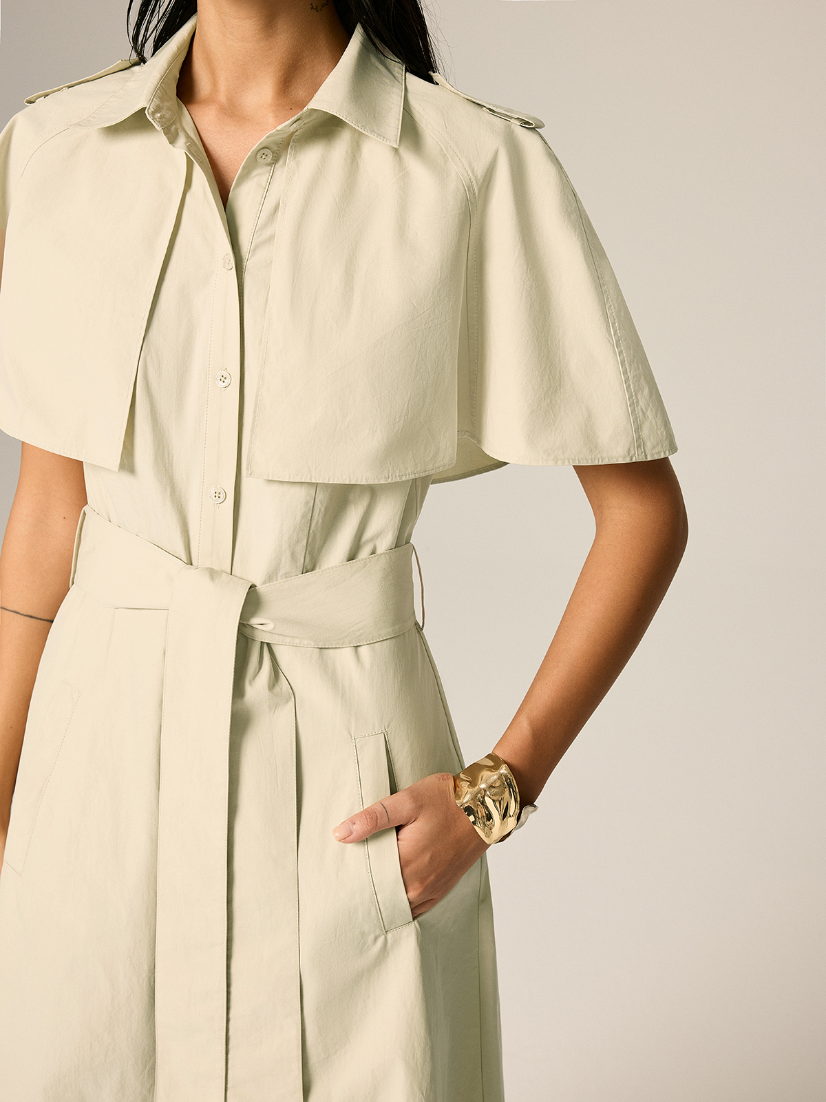 Cape Sleeve Belted Cotton Maxi Dress - Elegant Flowy Summer Apparel