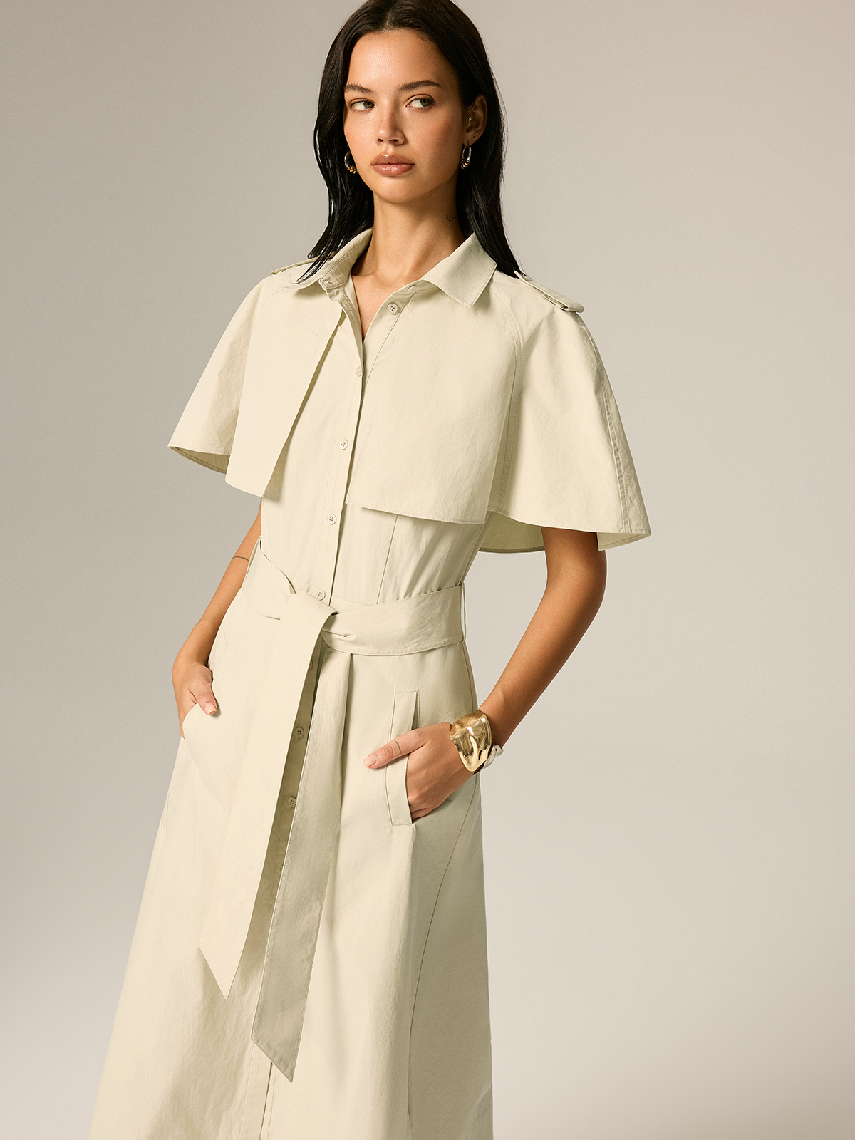 Cape Sleeve Belted Cotton Maxi Dress - Elegant Flowy Summer Apparel