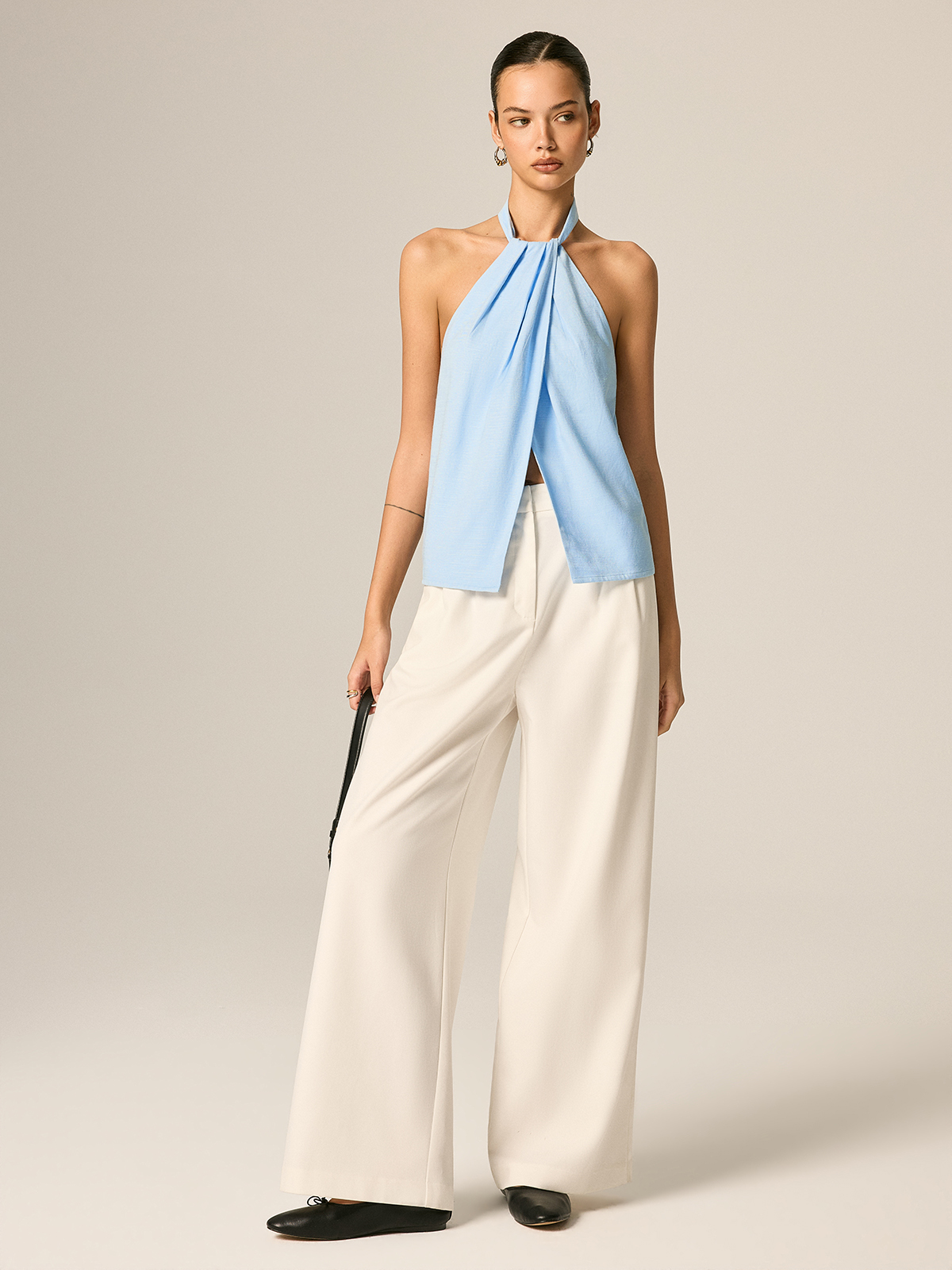 Halter Neck Front Slit Linen Blend Women's Summer Top