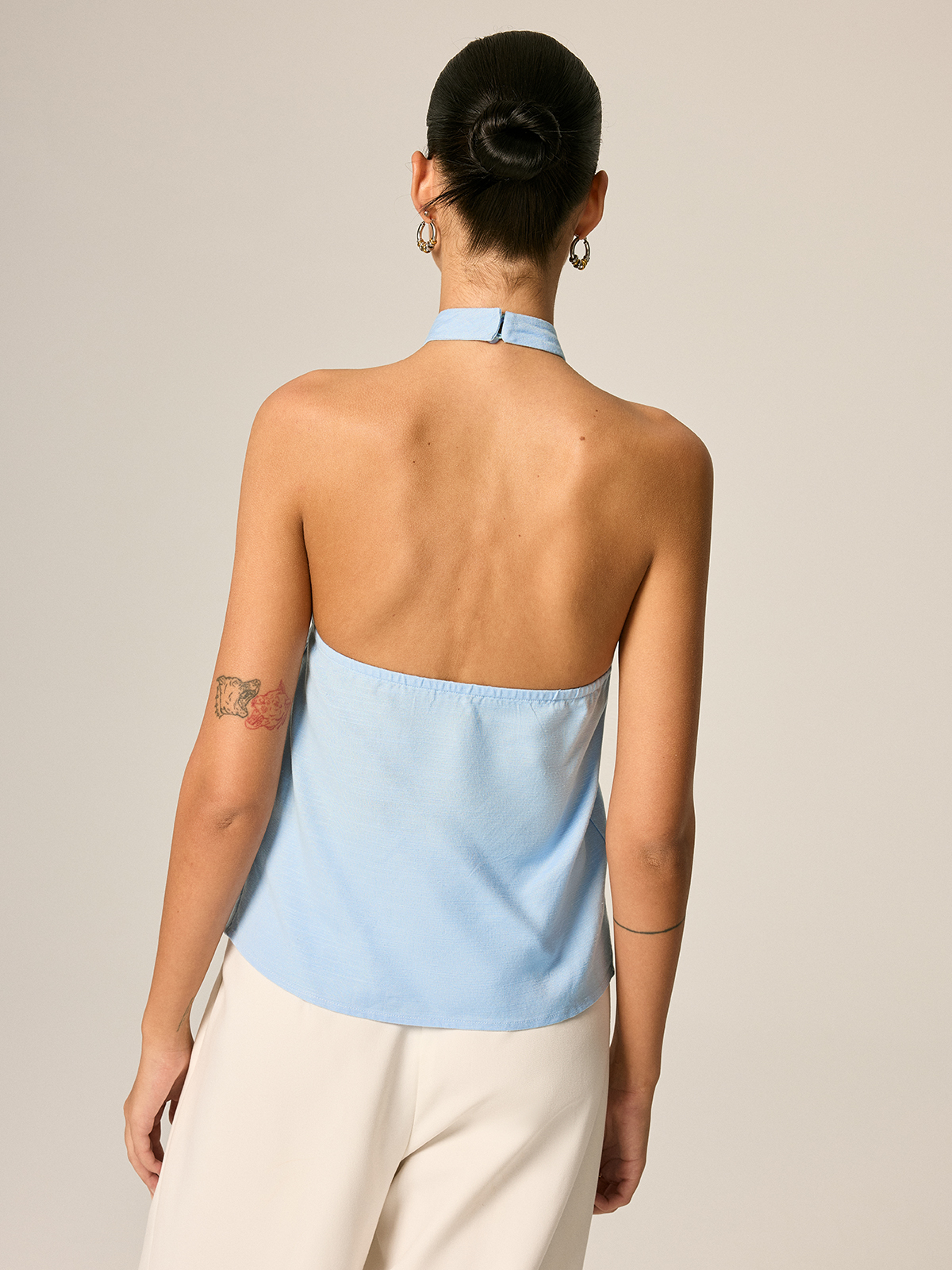 Halter Neck Front Slit Linen Blend Women's Summer Top