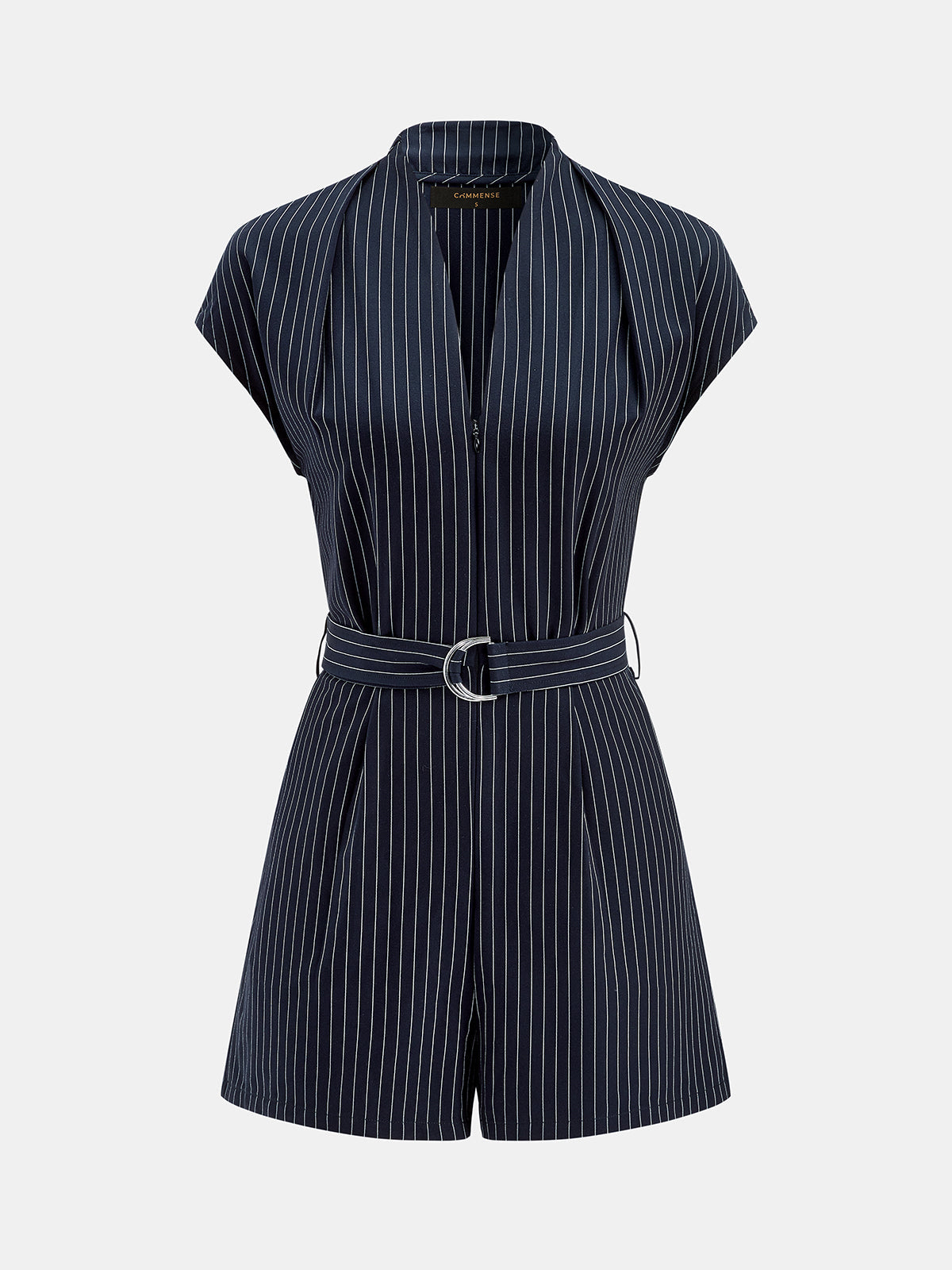 Striped Belted V-Neck Cap Sleeve Romper with Tie Waist Detail