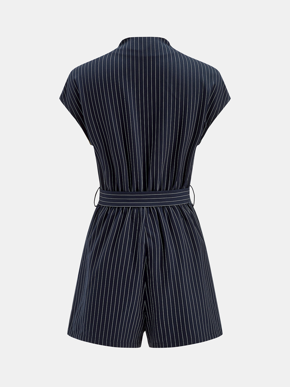 Striped Belted V-Neck Cap Sleeve Romper with Tie Waist Detail