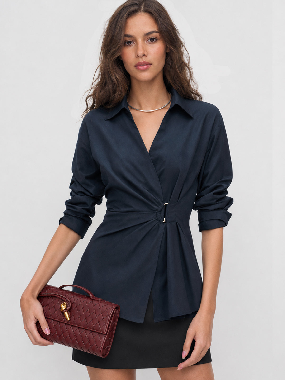 Ruched Waist Collared Wrap Blouse with Long Sleeves for Women