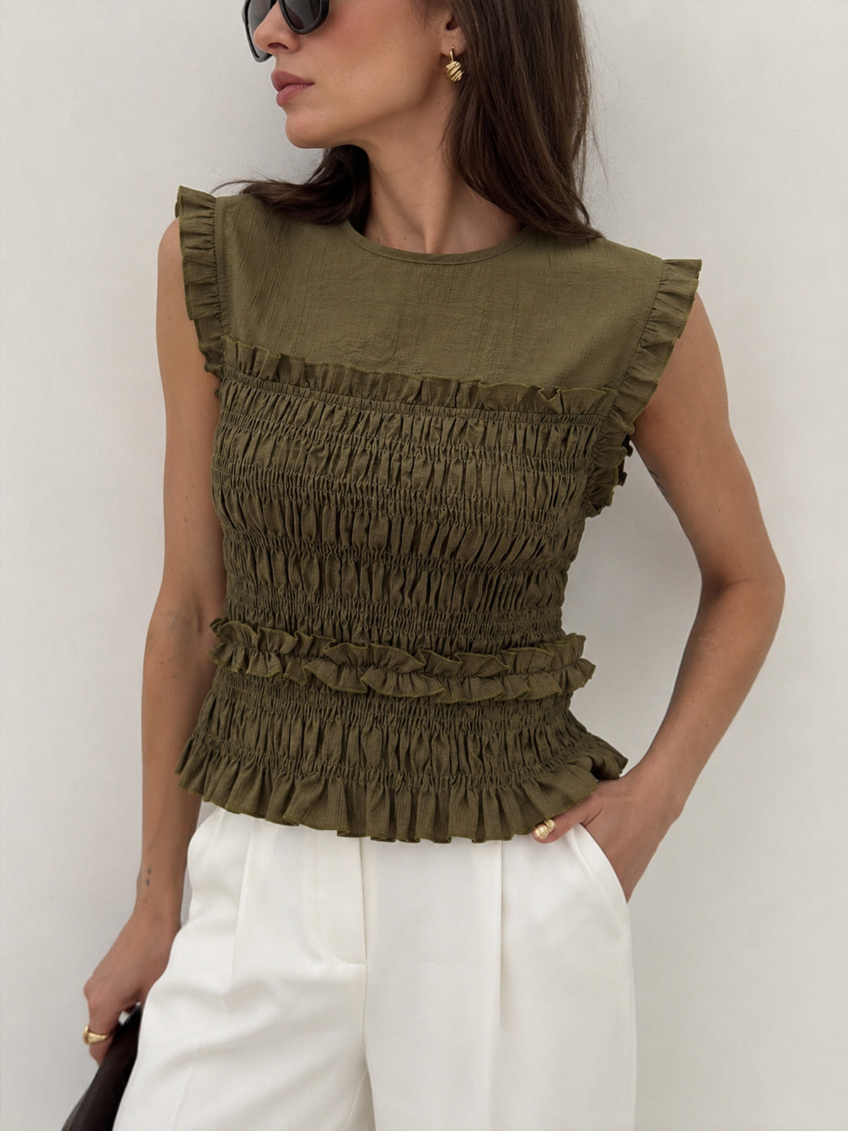 Sleeveless Smocked Ruffled Blouse Women's Casual Summer Top