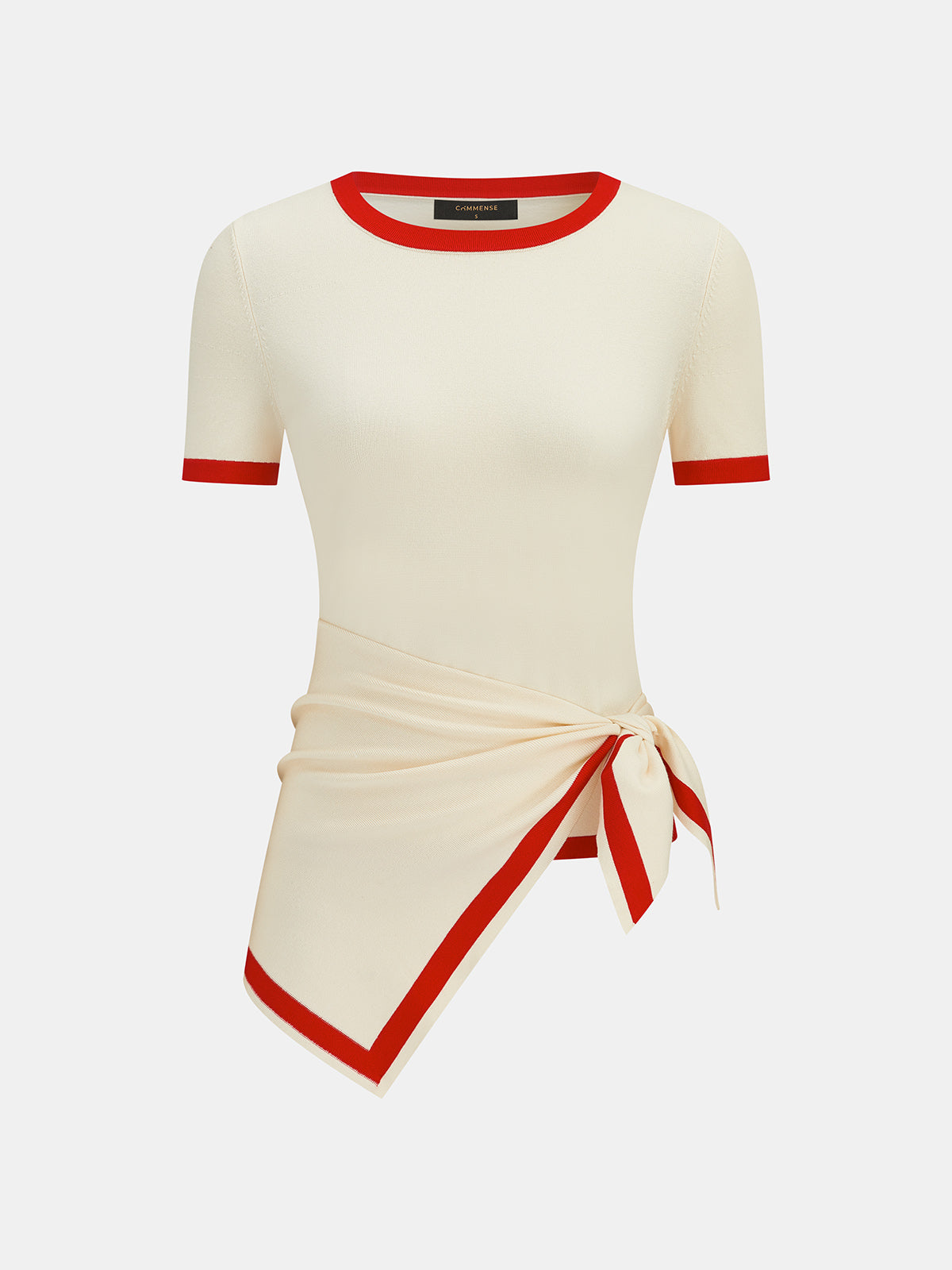 Detachable Sash Contrast Trim Knit Top with Elegant Long Sleeves