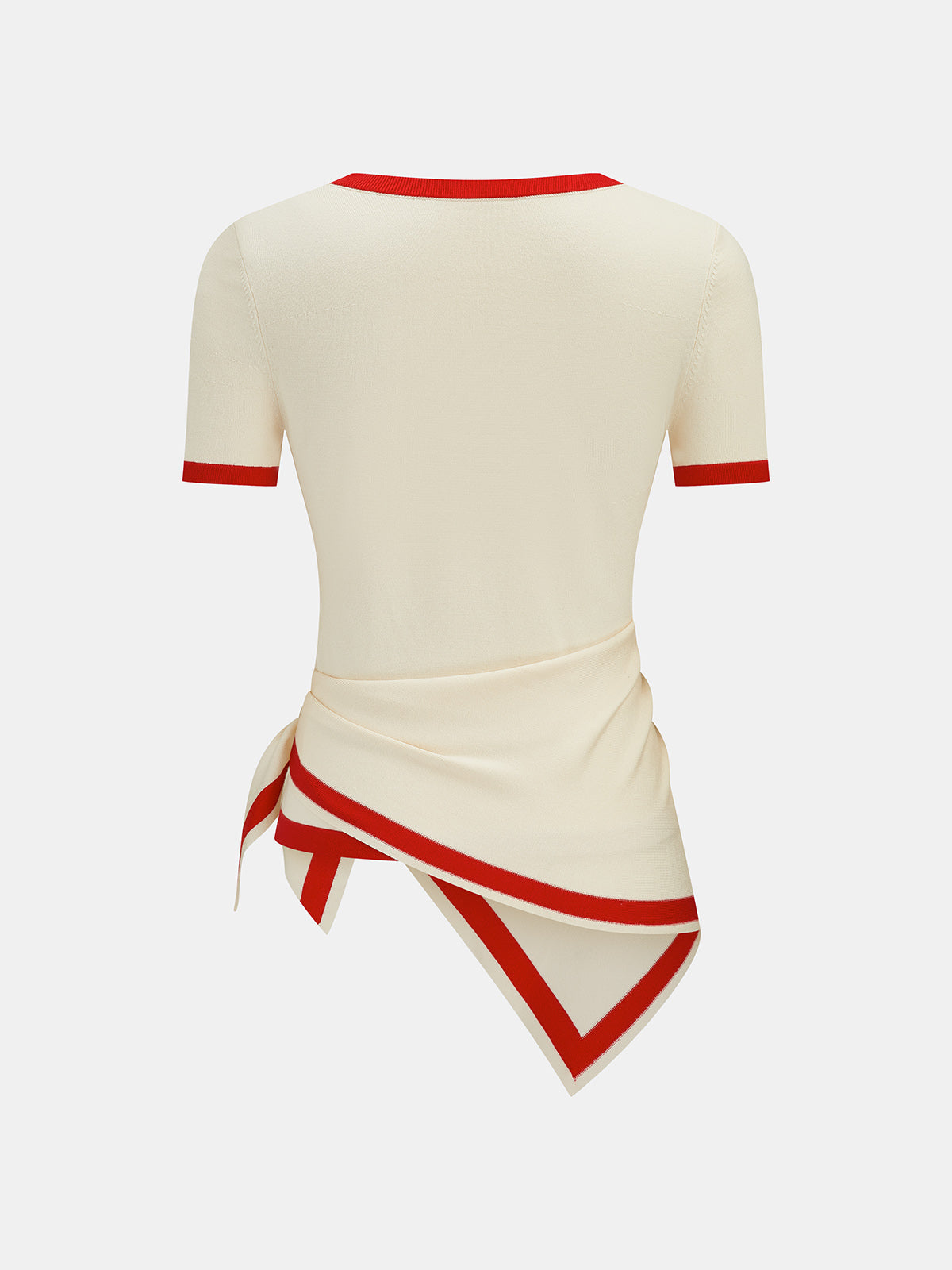 Detachable Sash Contrast Trim Knit Top with Elegant Long Sleeves