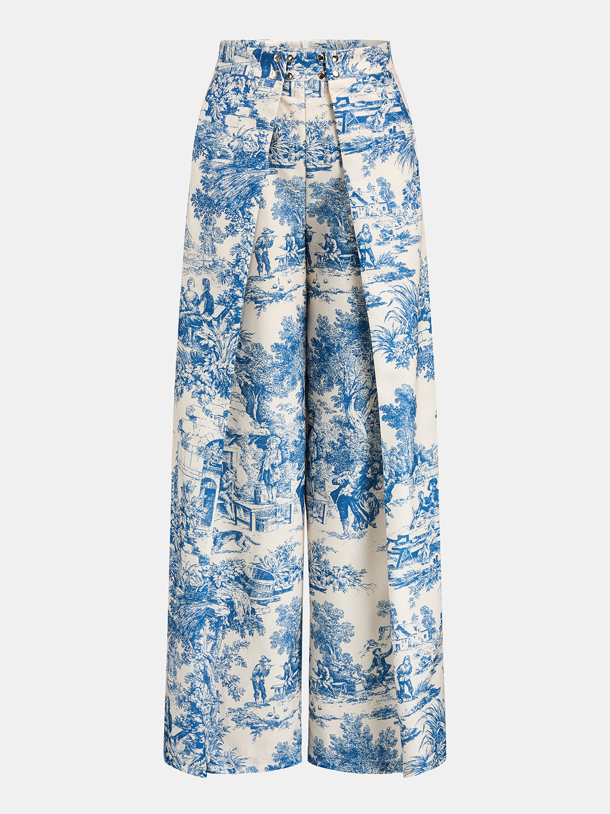 Toile Print Pleated Wide Leg Pants for Women Spring Fashion