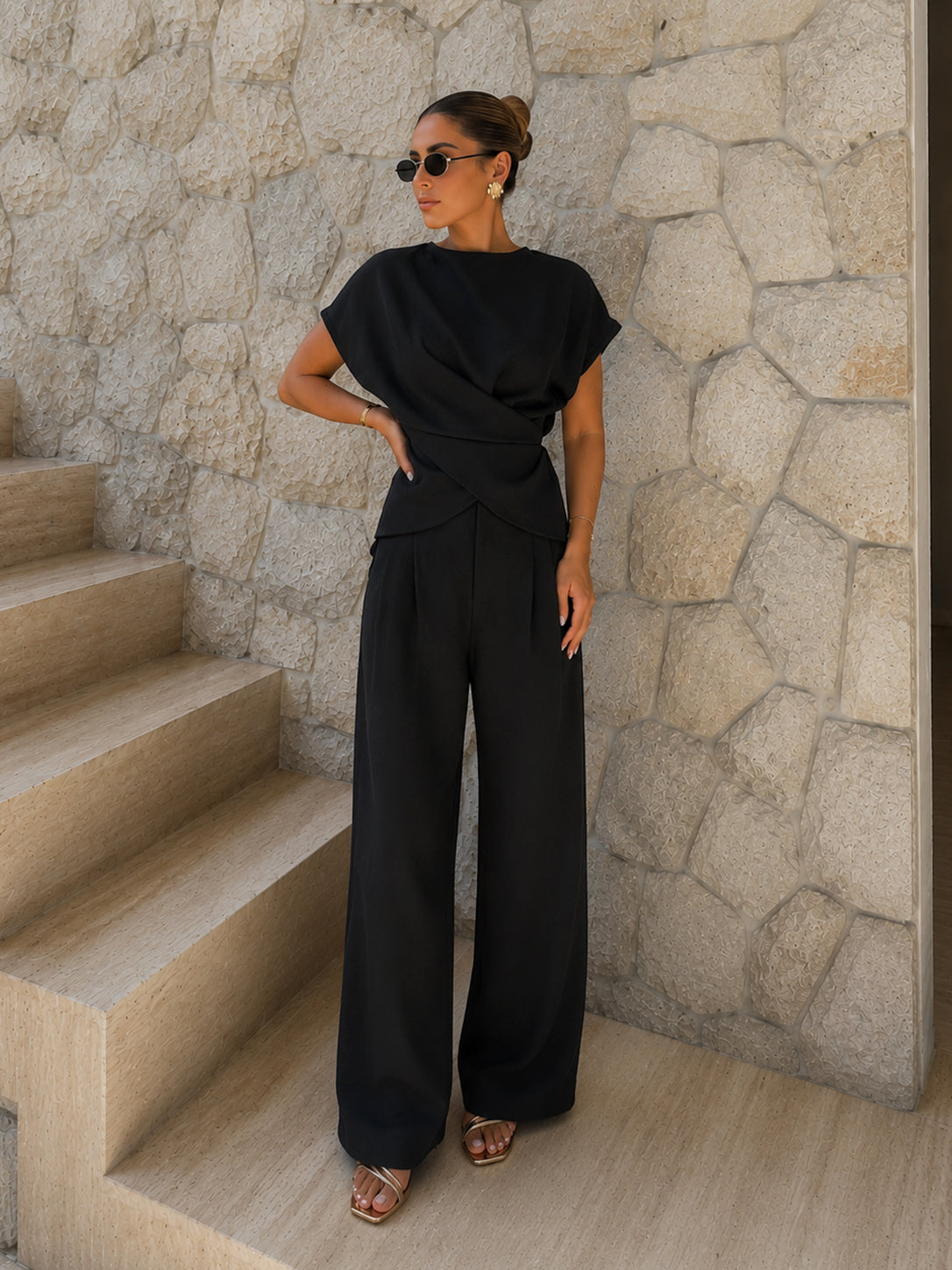 Tie-Back Satin Top & Pleated Pants Set for Elegant Evening Wear