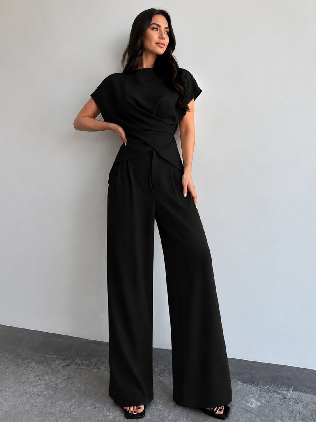 Tie-Back Satin Top & Pleated Pants Set for Elegant Evening Wear