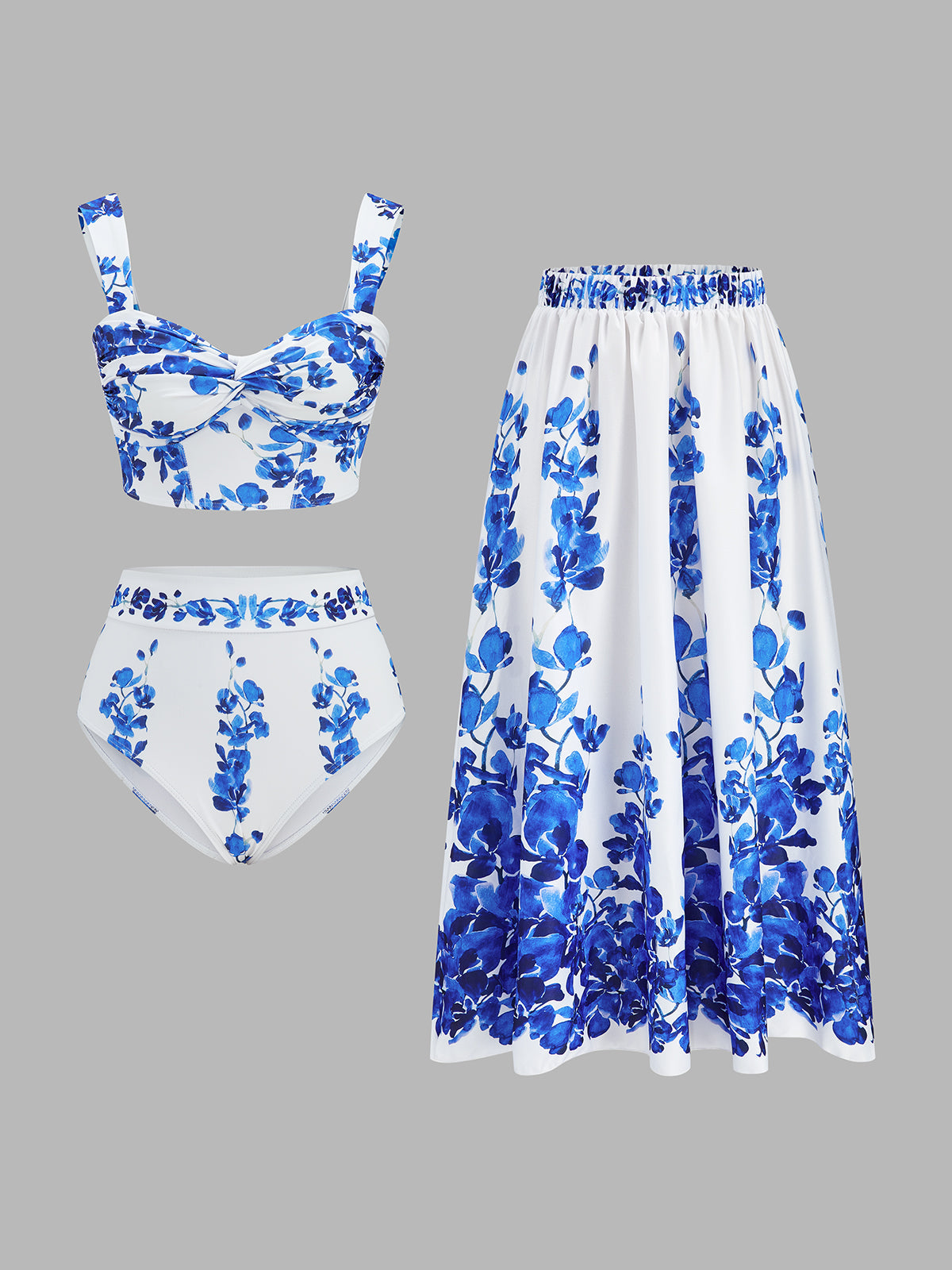Floral Print Bikini Set with Ruffled Skirt Cover Up for Beachwear