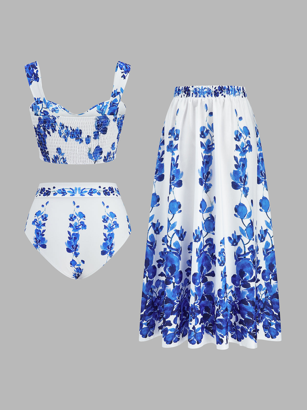 Floral Print Bikini Set with Ruffled Skirt Cover Up for Beachwear