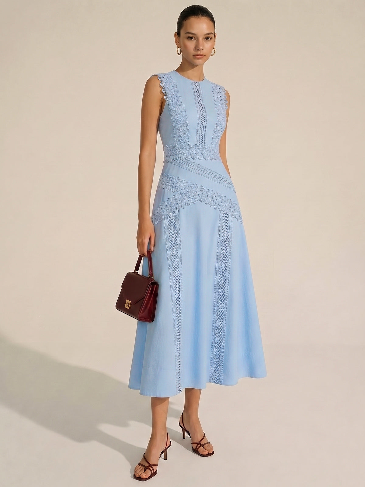Lace Panel Sleeveless Midi Dress for Summer Events