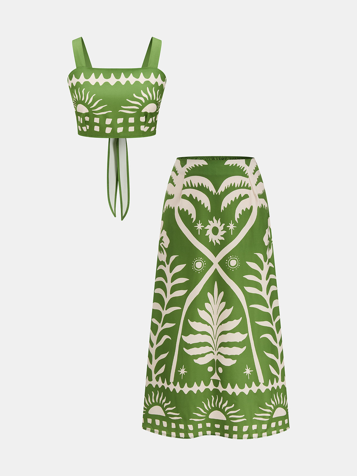 Tropical Print Tie-Back Cami Top & Flowy Midi Skirt Beach Set