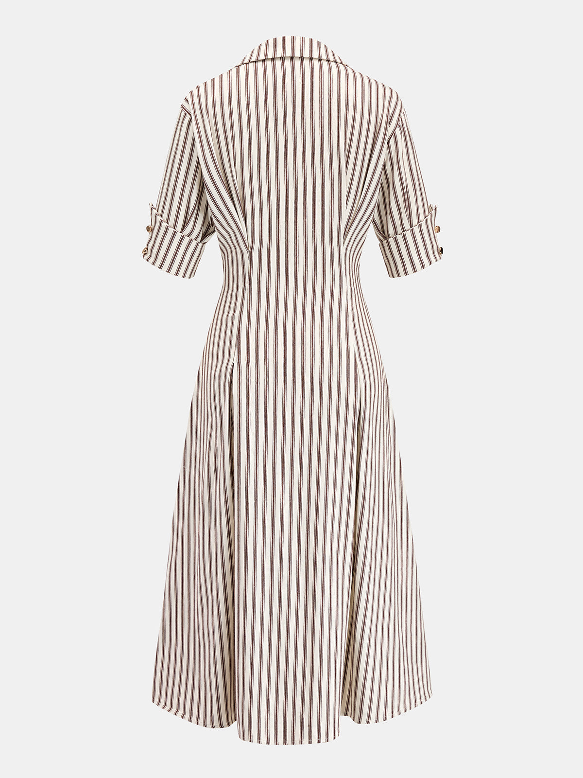Roll Sleeve Striped Shirt Midi Dress with Belt and Pockets