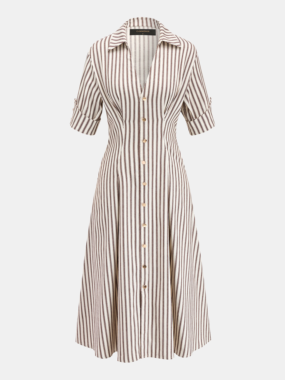 Roll Sleeve Striped Shirt Midi Dress with Belt and Pockets