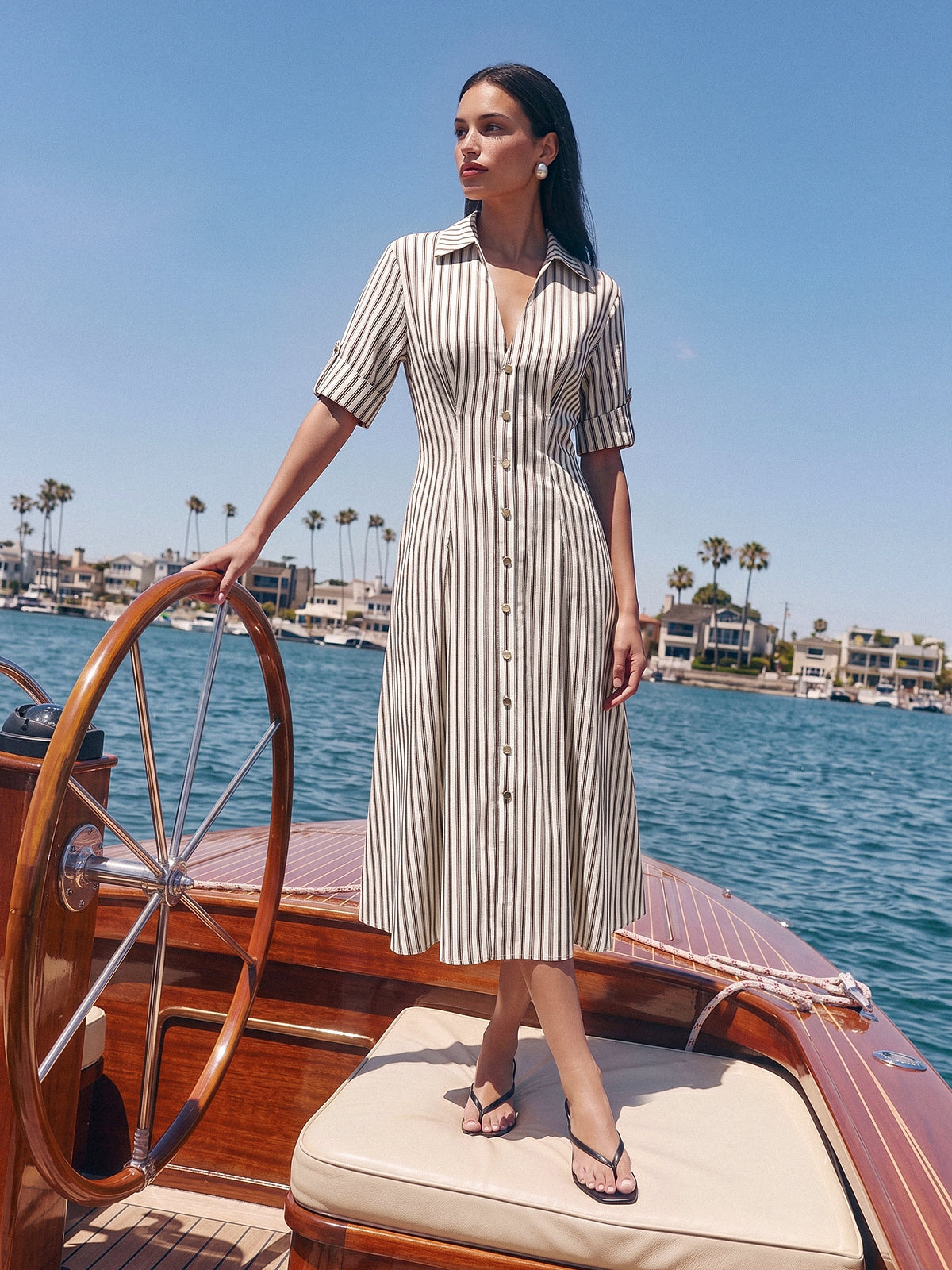 Roll Sleeve Striped Shirt Midi Dress with Belt and Pockets