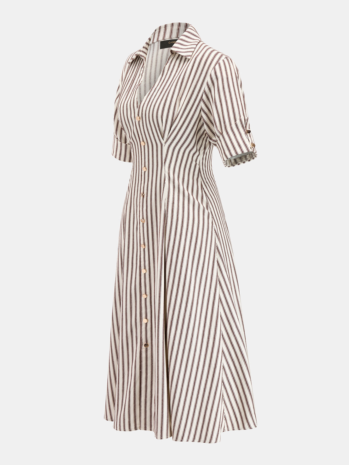 Roll Sleeve Striped Shirt Midi Dress with Belt and Pockets