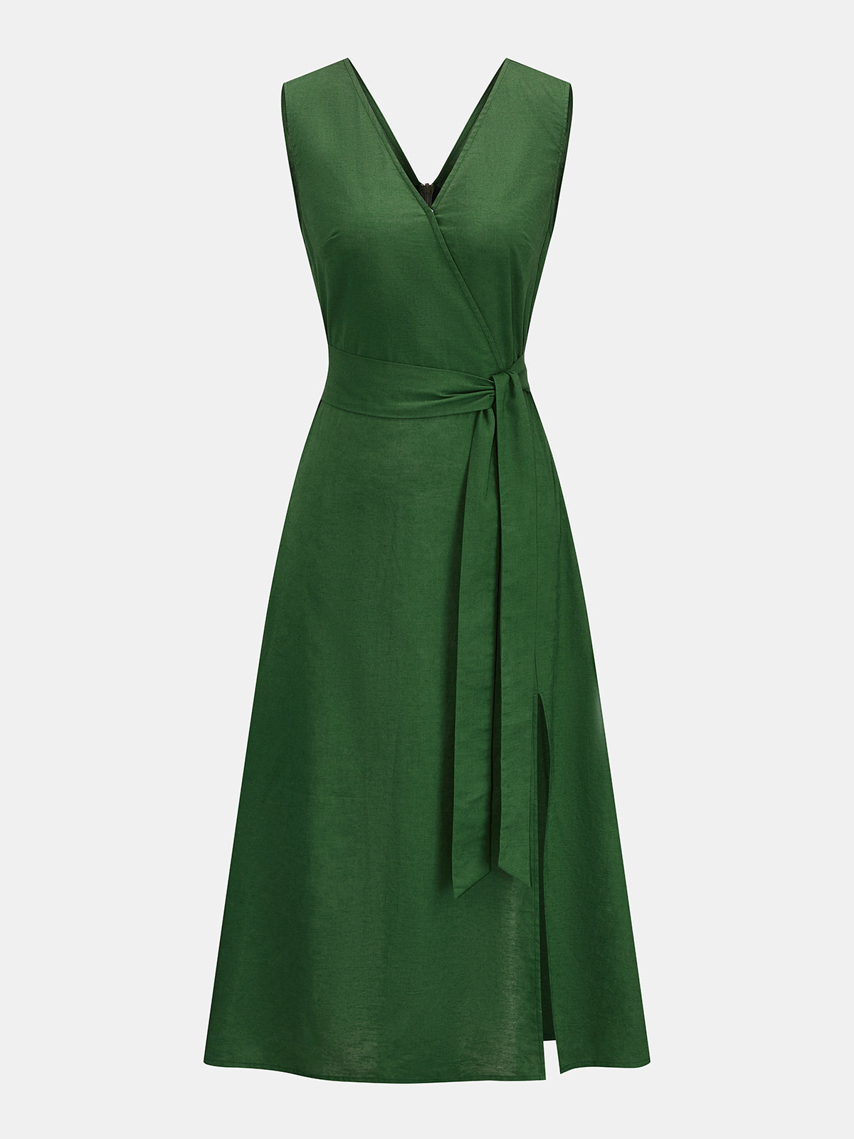 Wrap Tie Sleeveless Cotton Linen Midi Dress Casual Summer Style