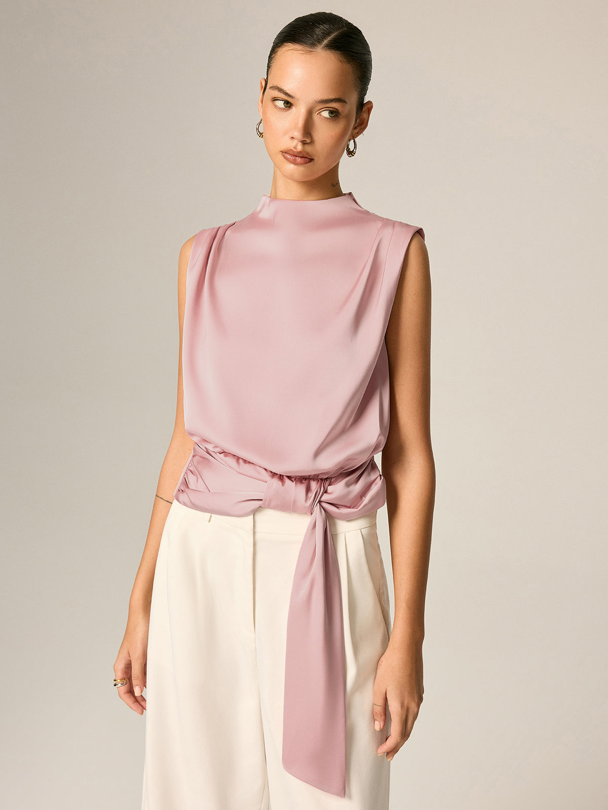 Draped Satin Tie Waist Sleeveless Blouse Elegant V-Neck Summer Top