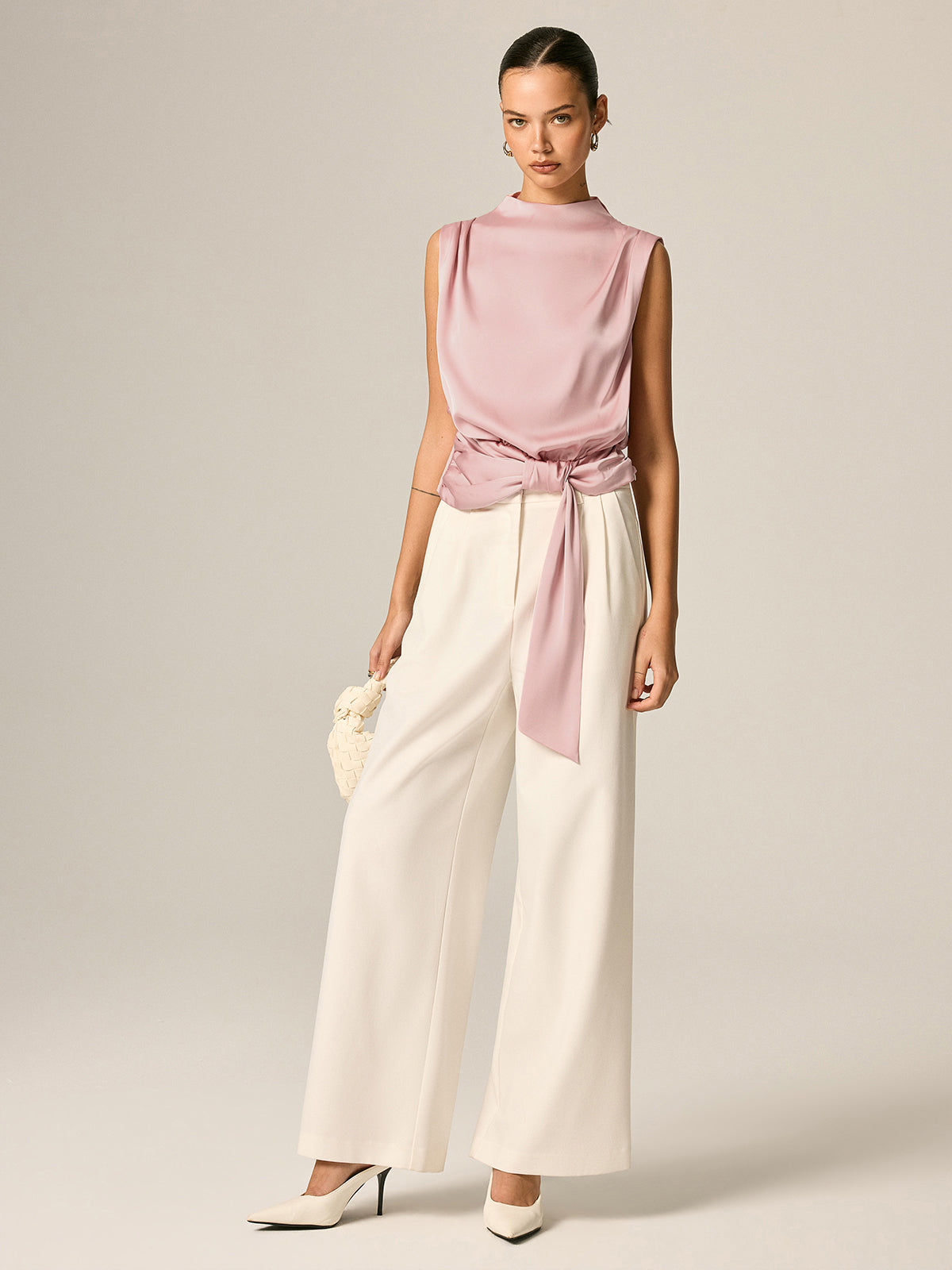 Draped Satin Tie Waist Sleeveless Blouse Elegant V-Neck Summer Top