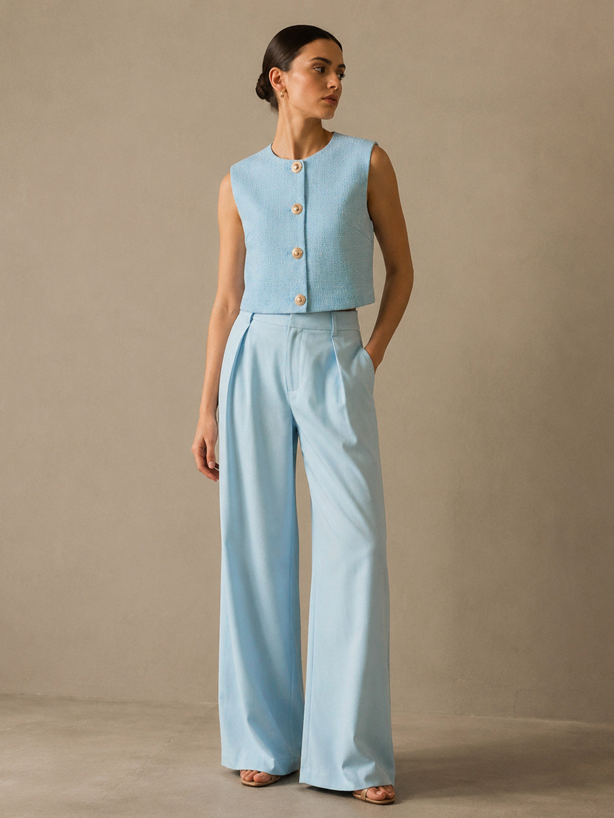 Sleeveless Textured Vest & Pleated Pant Set for Women Casual/Formal Wear