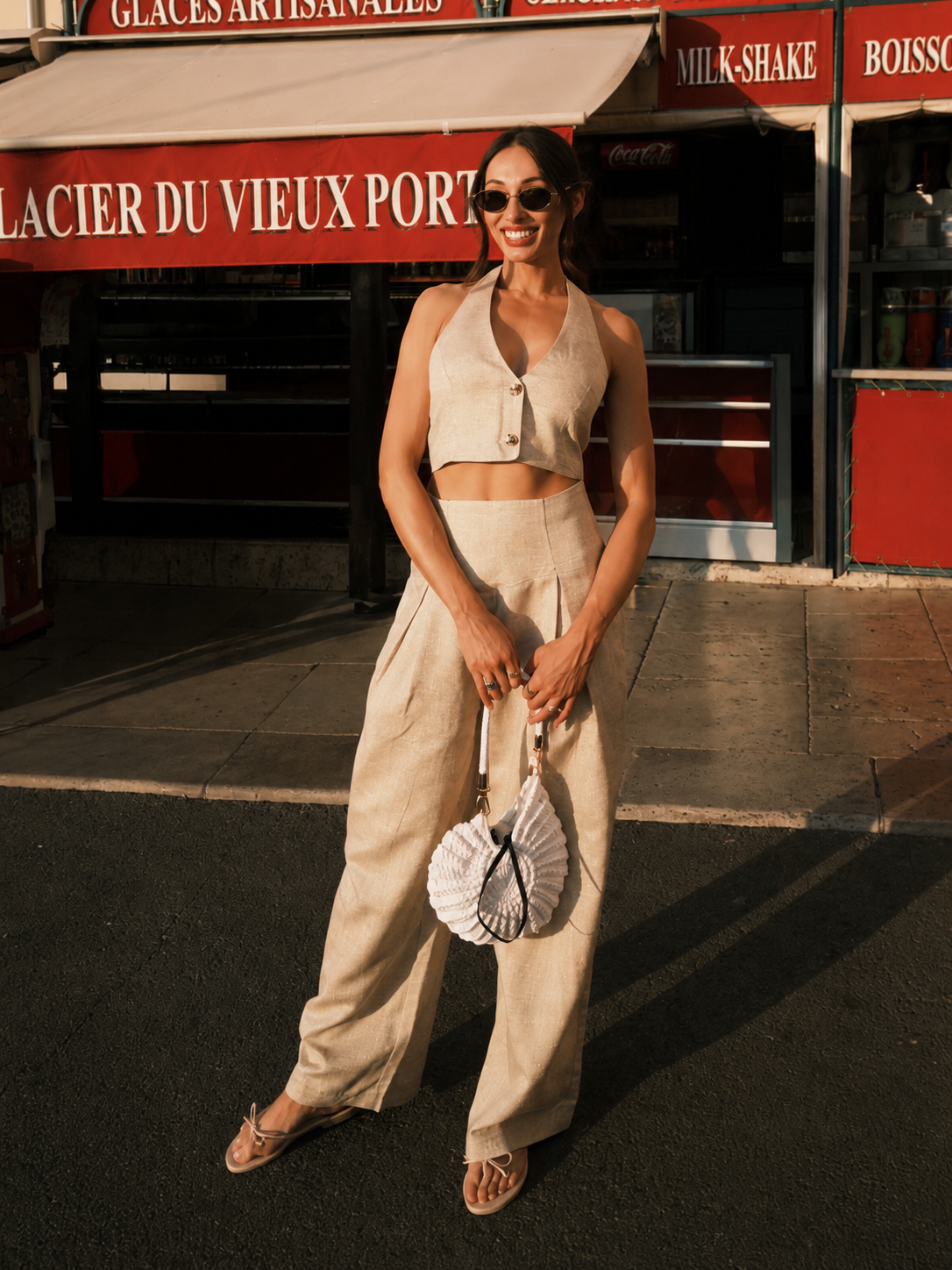 Linen Blend Halter Crop Top & Pants Set with Tie Detail