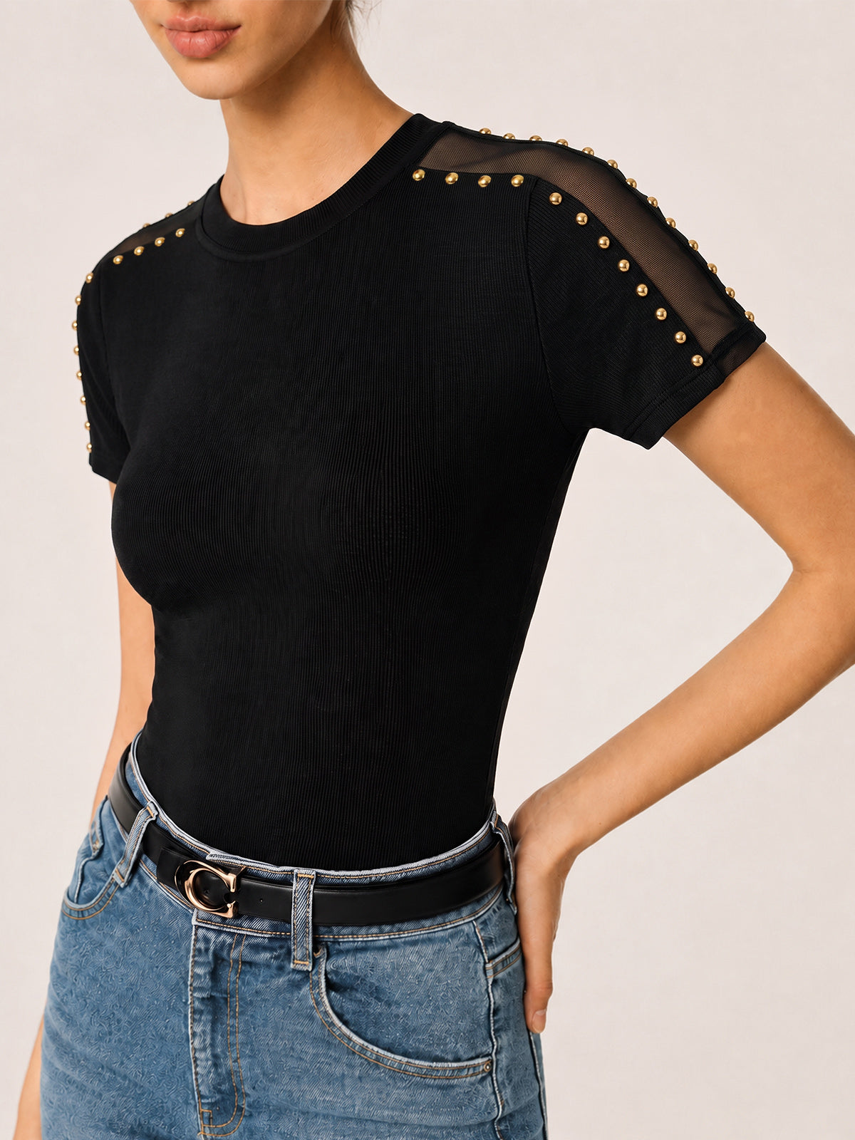 Studded Mesh Ribbed Short Sleeve T-Shirt Trendy Casual Streetwear
