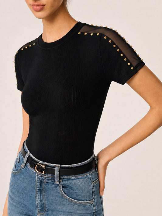 Studded Mesh Ribbed Short Sleeve T-Shirt Trendy Casual Streetwear