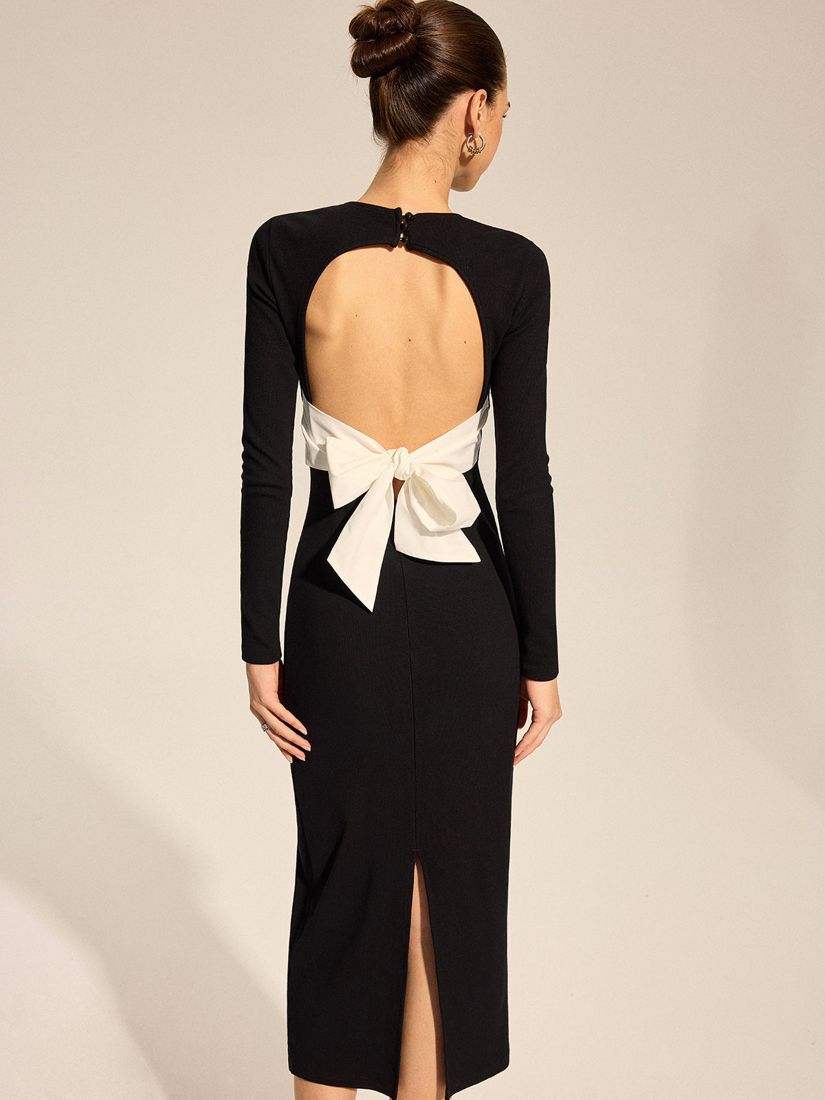 Open Back Bow Slit Long Sleeve Maxi Dress Elegant Evening Gown Wedding