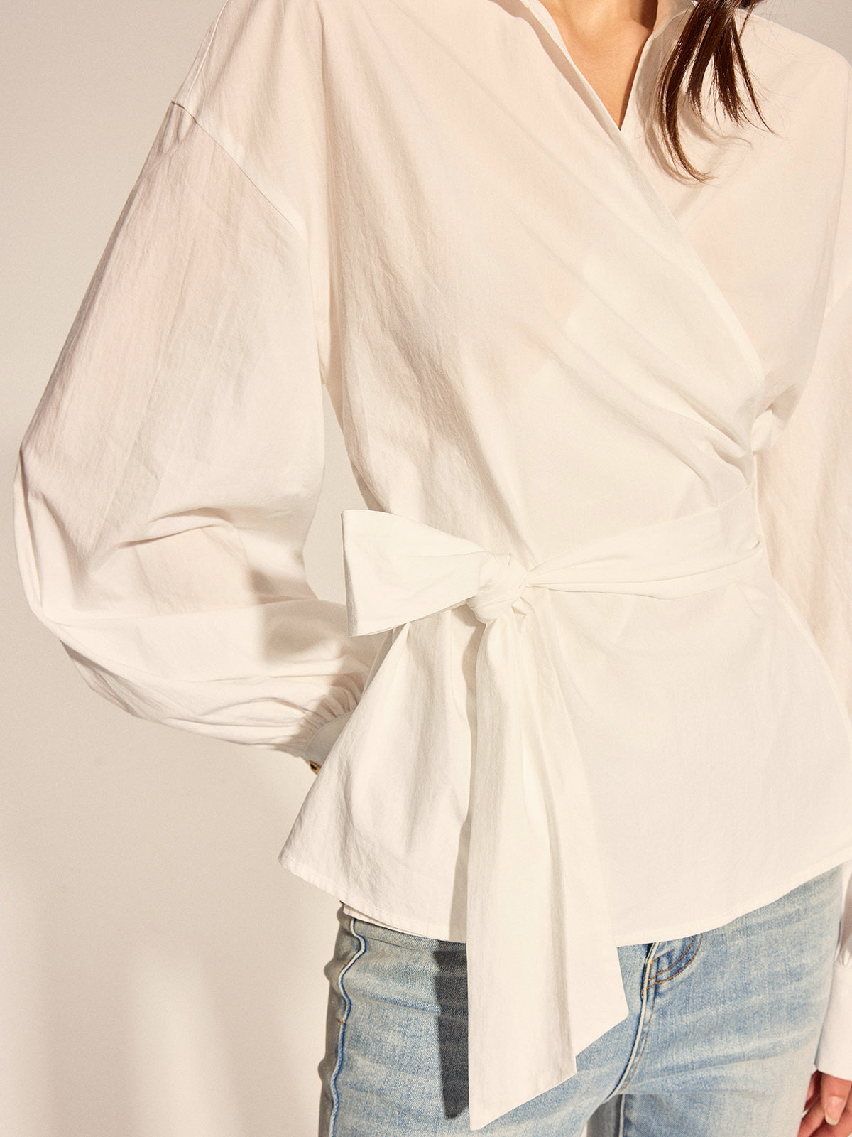 Long Sleeve Wrap Tie Waist Blouse Elegant V-Neck Office Top